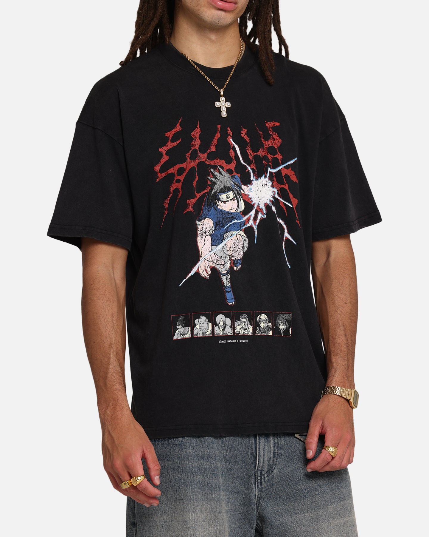 Naruto Sasuke Vintage Graphic T-Shirt - Black Acid Wash Style - Perfect for Anime Fans & Casual Wear