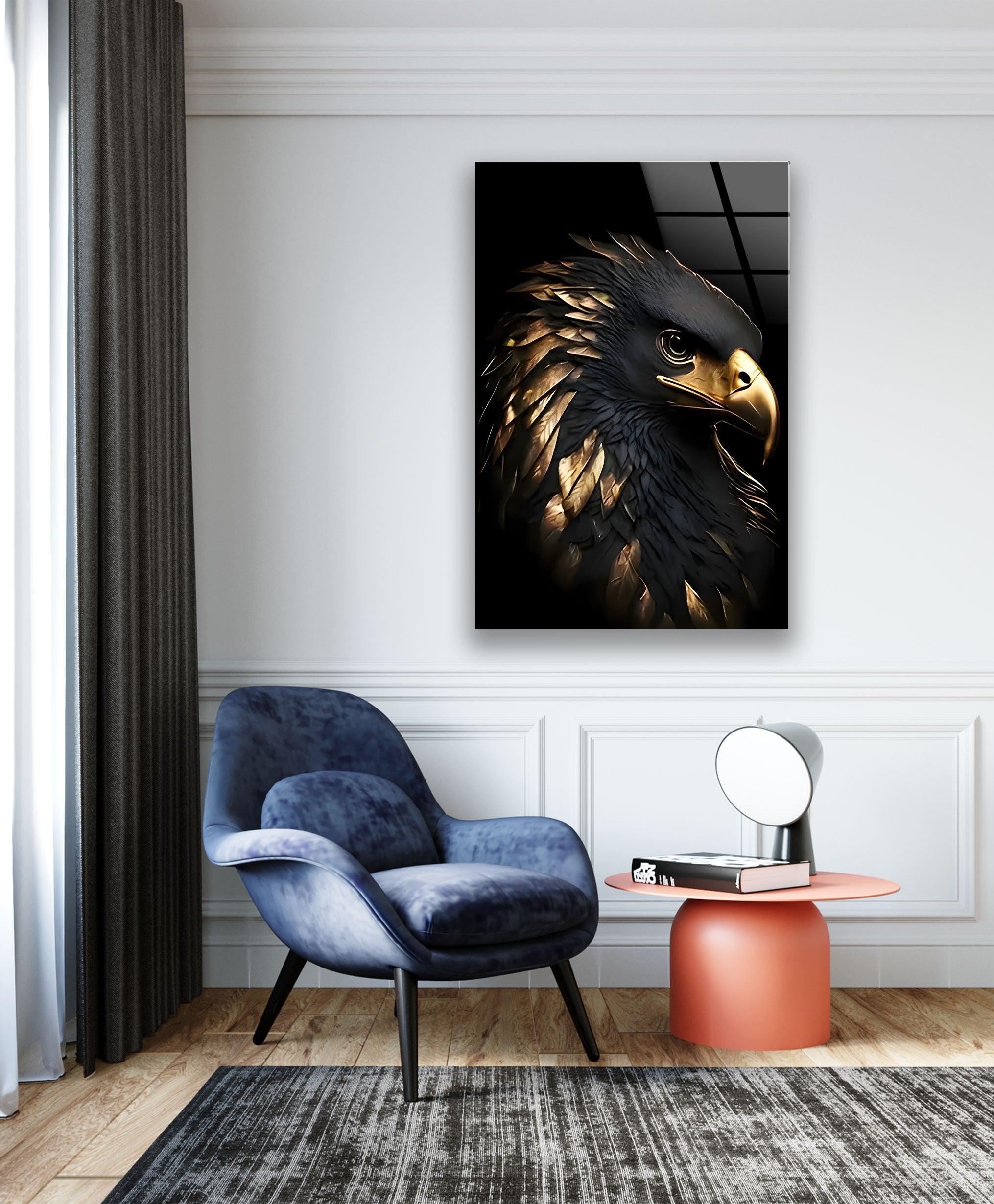 Black Gold Eagle Glass Wall Art - Handmade Modern Home Decor for Living Room, Bedroom & Office - Elegant Glass Artwork for Gifts & Interior Design