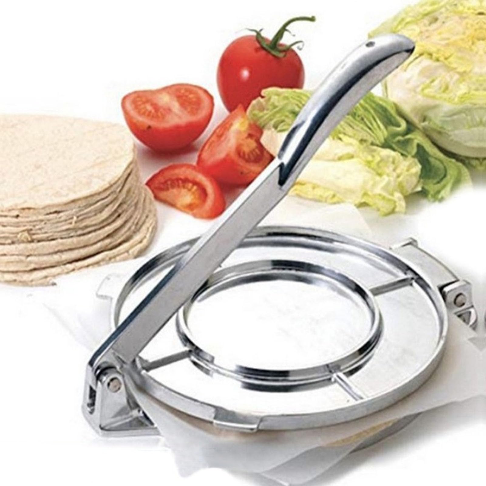 **16cm Silver Tortilla Press Maker - Efficient Kitchen Tool for Homemade Tortillas, Tacos, Quesadillas & More**