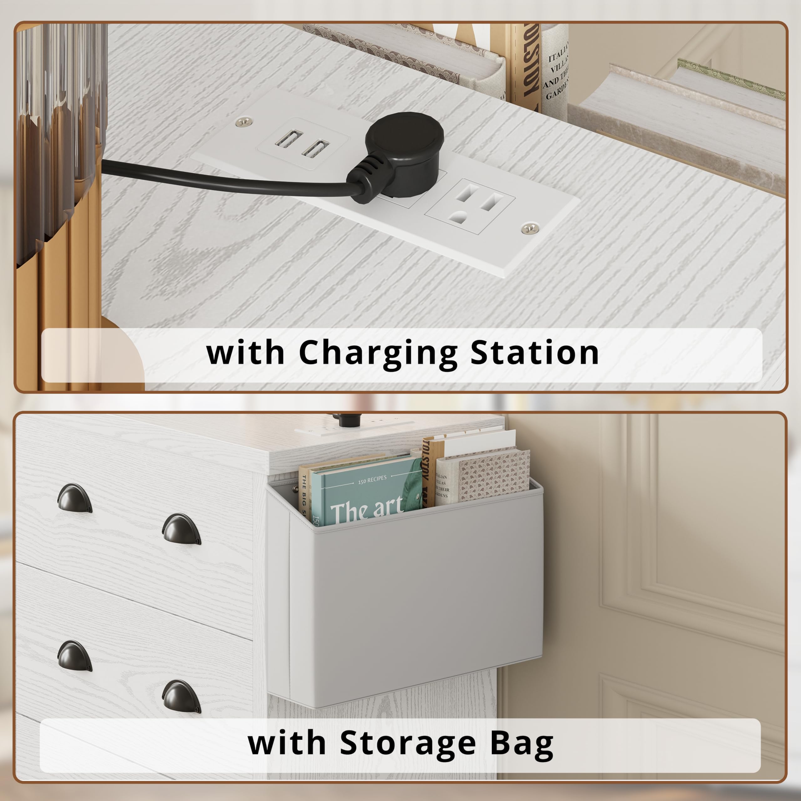 LIKIMIO 8-Drawer Modern Wood Dresser with USB Charging Station & Storage Bag - White Bedroom Chest for Clothes, Entryway Storage & Living Room Organization