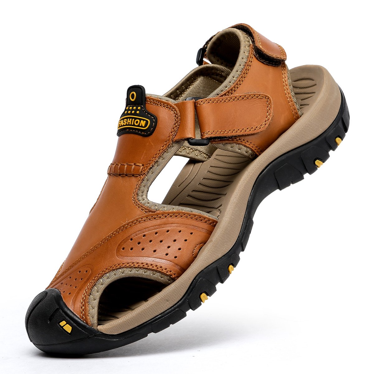 BINSHUN Men's Leather Hiking Sandals - Athletic Walking Shoes for Outdoor Sports, Fishing & Beach - Closed Toe Waterproof Sandals for Hiking, Camping & Water Activities