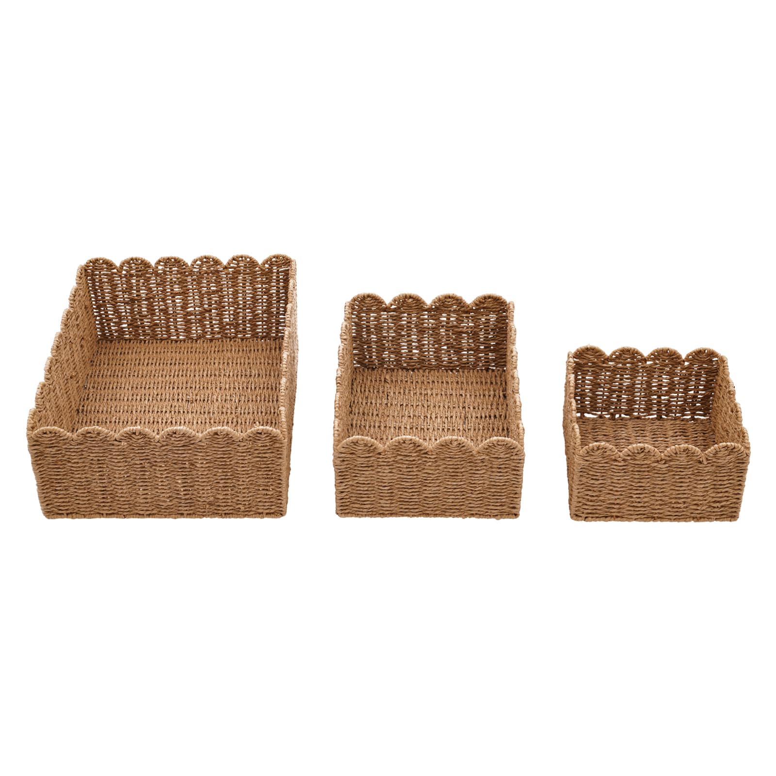 3-Piece Woven Rattan Storage Baskets Set with Lids - Scalloped Edge Home Decor Organizer (4.33/5.12/6.1 Inch Height) - Perfect for Bathroom, Bedroom & Nursery Storage