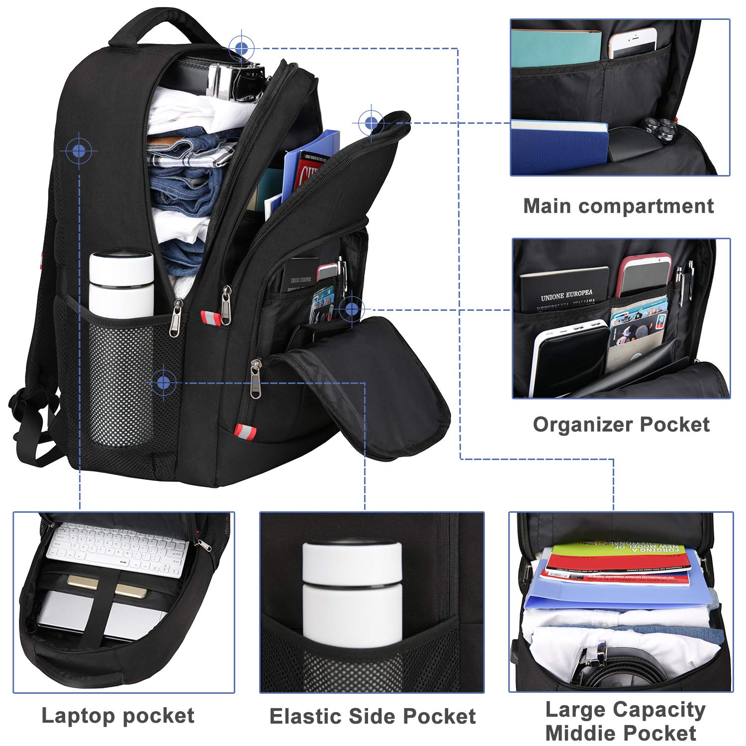 Della Gao Anti Theft Travel Laptop Backpack for Men & Women - USB Charging Port, Water Resistant, Fits 17 Inch Laptop, Large Business Computer Bag - Perfect for Work, School & Travel, Black