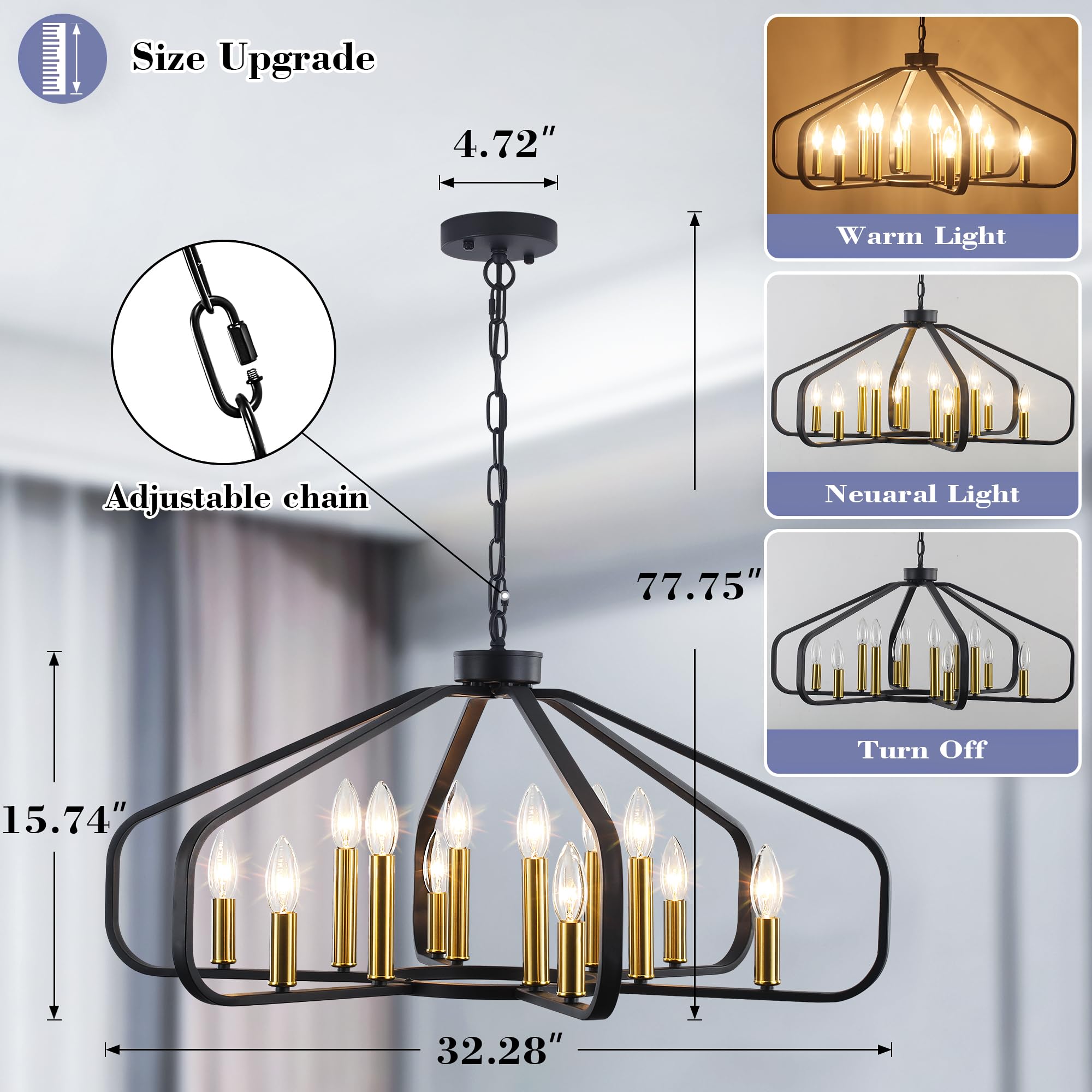 32.28'' Large Black and Gold Modern Farmhouse Cage Chandelier - 12-Light Dining Room Lighting Fixture for Living Room, Bedroom, Kitchen, Entryway & Foyer | Perfect for Rustic Home Decor & Wedding Venue Lighting