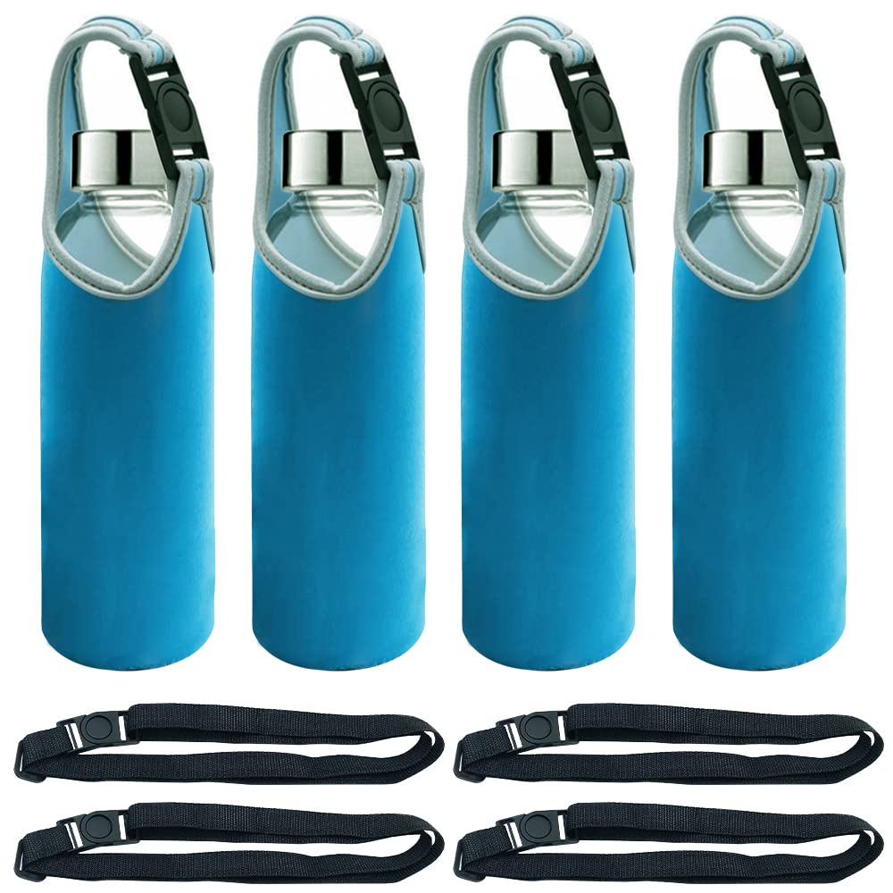 DanziX 4 Pack Insulated Neoprene Water Bottle Carrier with Adjustable Shoulder Straps - Fits 16oz to 20oz Sports Bottles (Blue) - Perfect for Gym, Hiking, Camping & Outdoor Activities