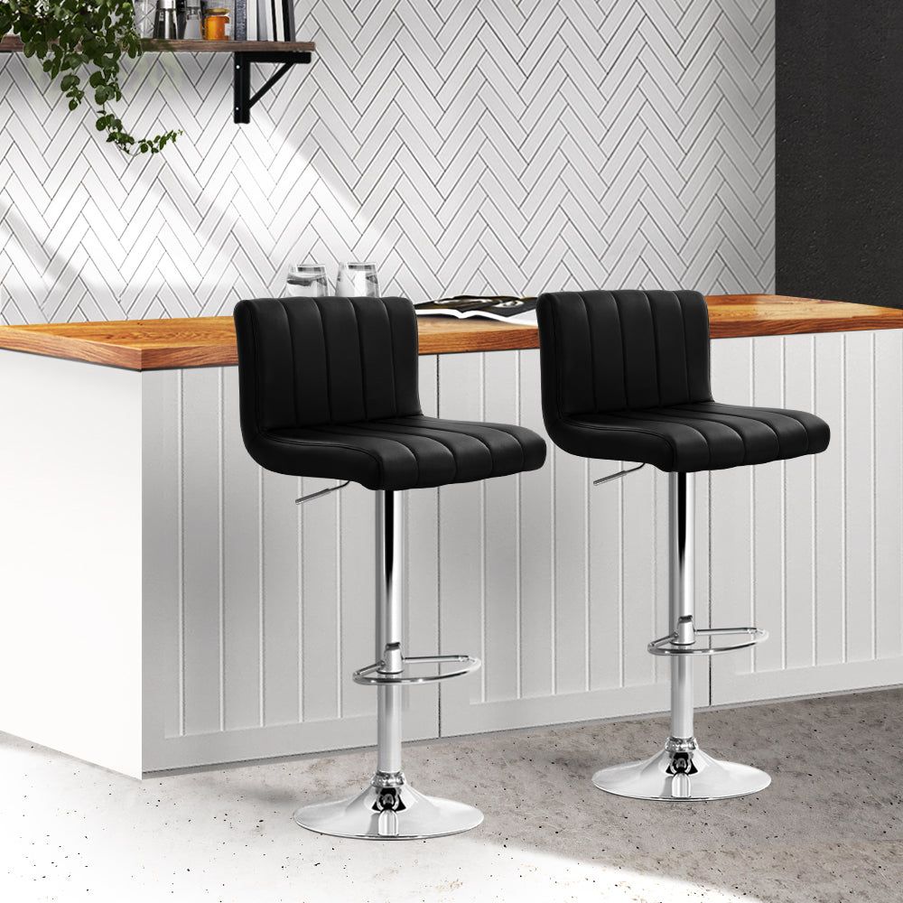 Adjustable Height Bar Stools with Gas Lift Mechanism - Genuine Leather Upholstery, Black - Perfect for Kitchen Islands, Home Bars & Dining Areas