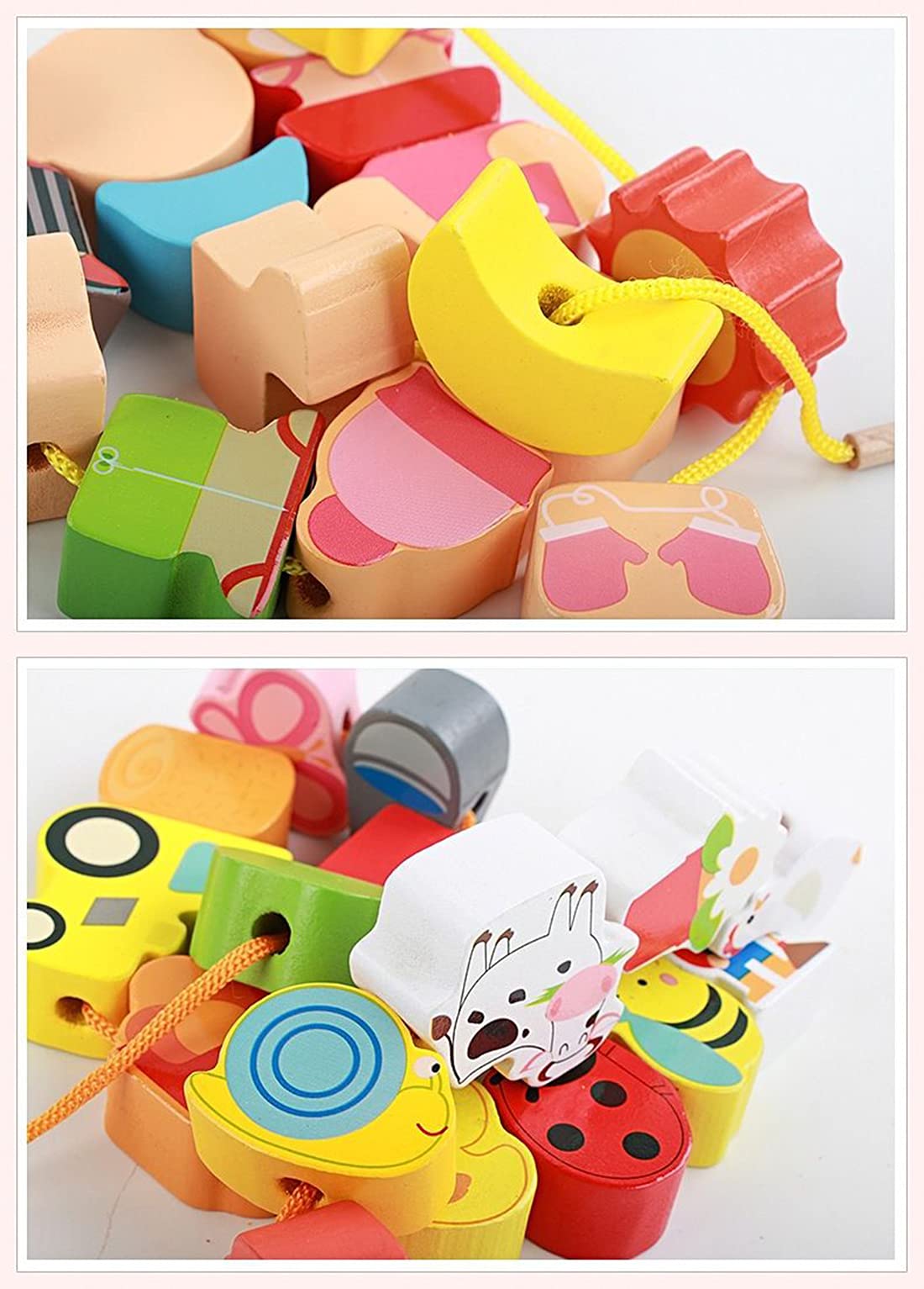 Farm Animal Lacing Toy Set - 16pcs Wooden Beads for Toddlers - Early Learning & Fine Motor Skills Development