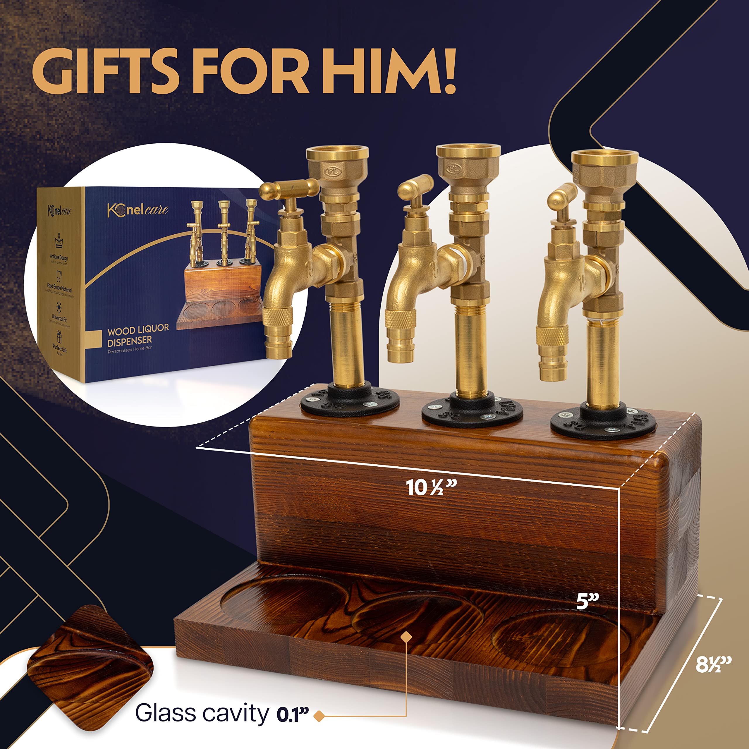 Premium Wooden Liquor Dispenser with Solid Base & Real Brass Spout - Leakproof & Smooth Pouring for Home Bars - Perfect Alcohol Gift for Men (Father's Day, Housewarming, Anniversary) - Ideal for Whiskey, Vodka & Cocktail Serving
