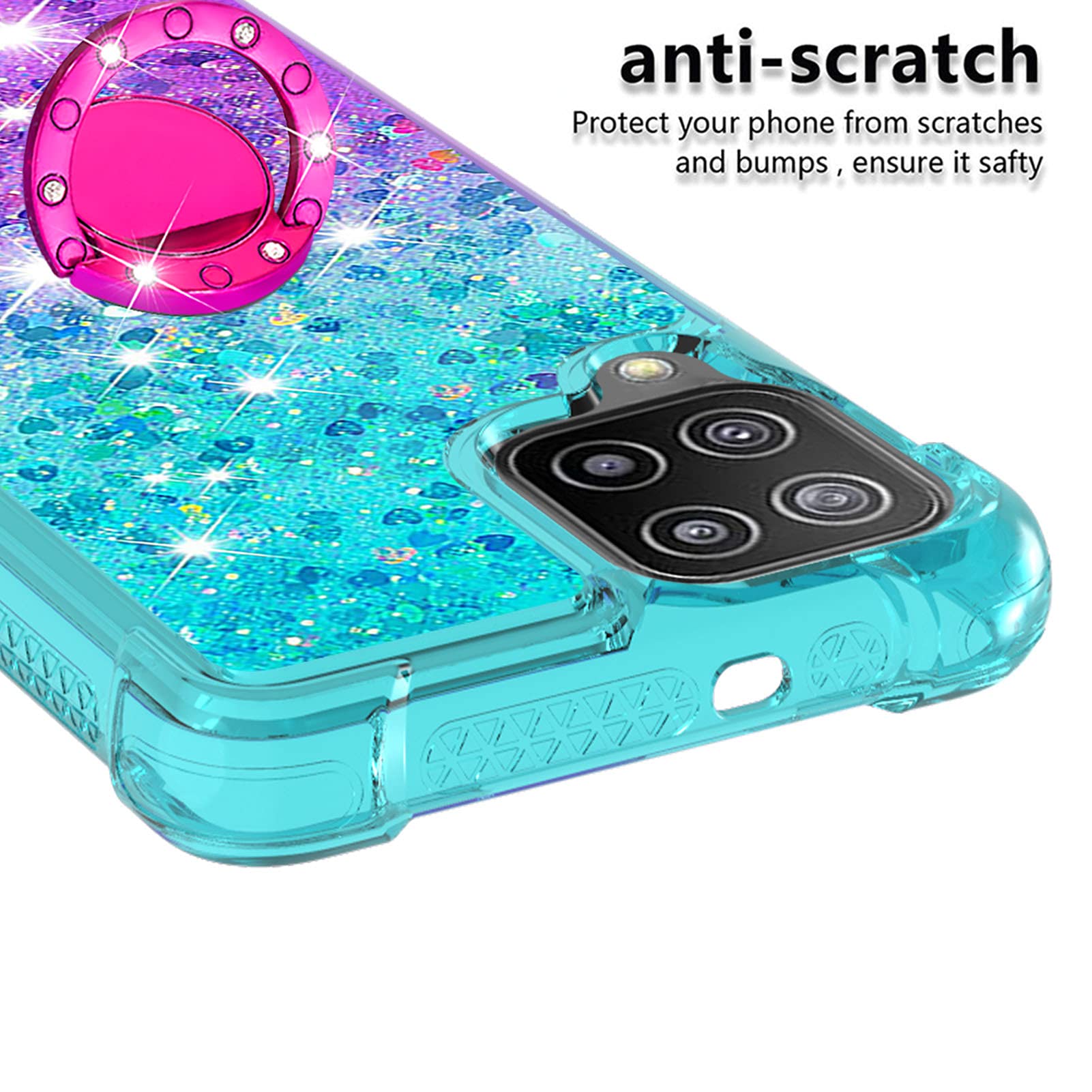 Samsung Galaxy A22 4G Case with Ring Holder - Clear Gradient Quicksand Glitter Floating Liquid TPU Phone Cover (Bluish Violet) | Shockproof Protective Case for Everyday Use, Work & Travel