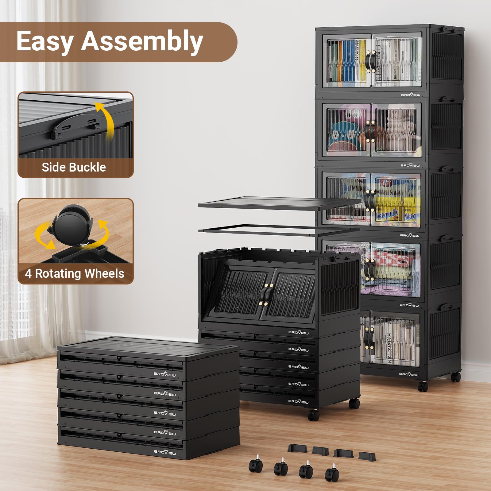 84 Qt Stackable Storage Bins with Lids - 3-Pack Black Collapsible Closet Organizer with Wheels | Plastic Storage Drawers for Clothes, Toys & Home Organization | Perfect for Bedroom, Garage & Dorm Room Storage Solutions