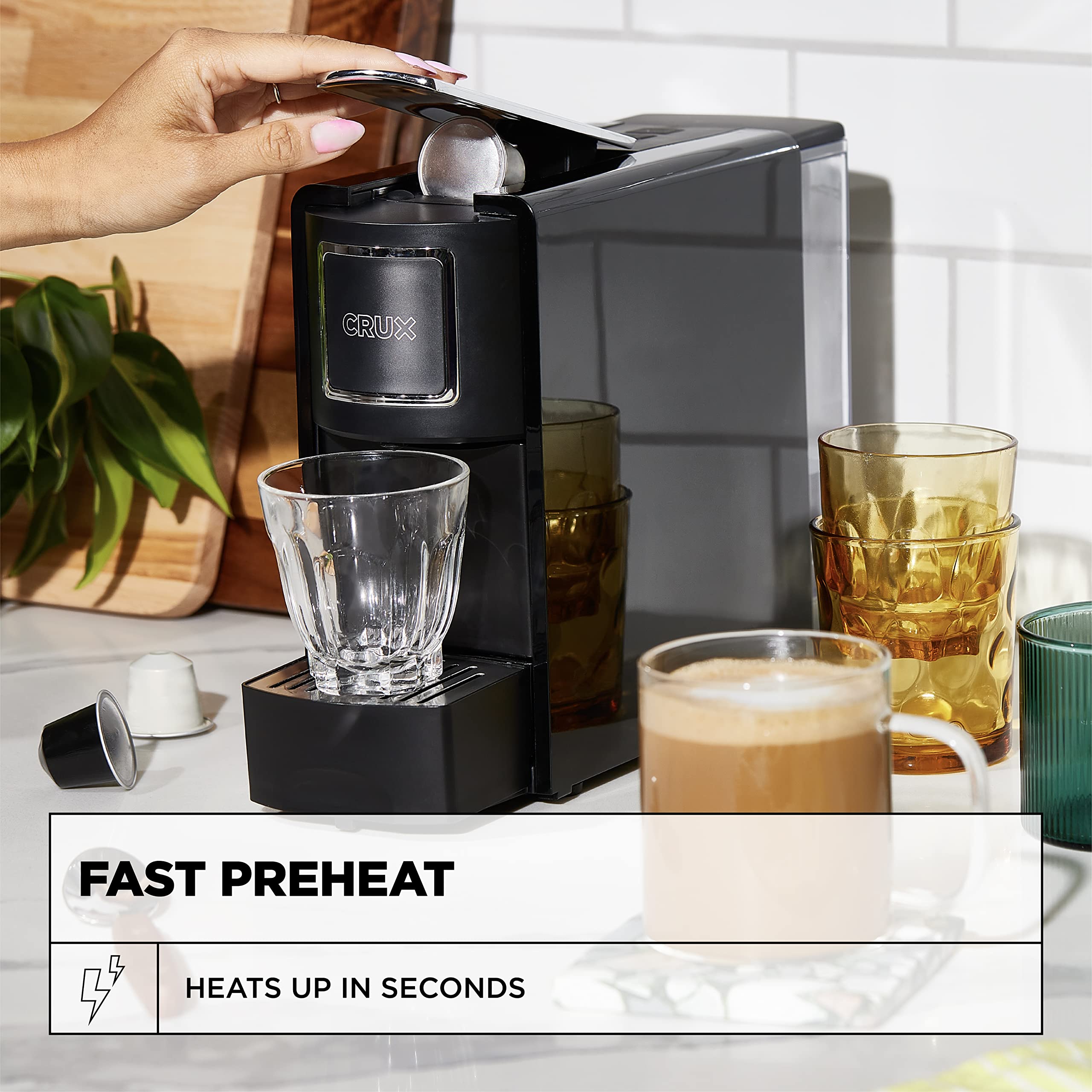Premium Crux Espresso Machine for Nespresso Pods - Programmable Coffee Maker with Large Removable Water Tank & Drip Tray, Compatible with Original & Third-Party Capsules, Black & Silver - Perfect for Home, Office, and Coffee Shop Use