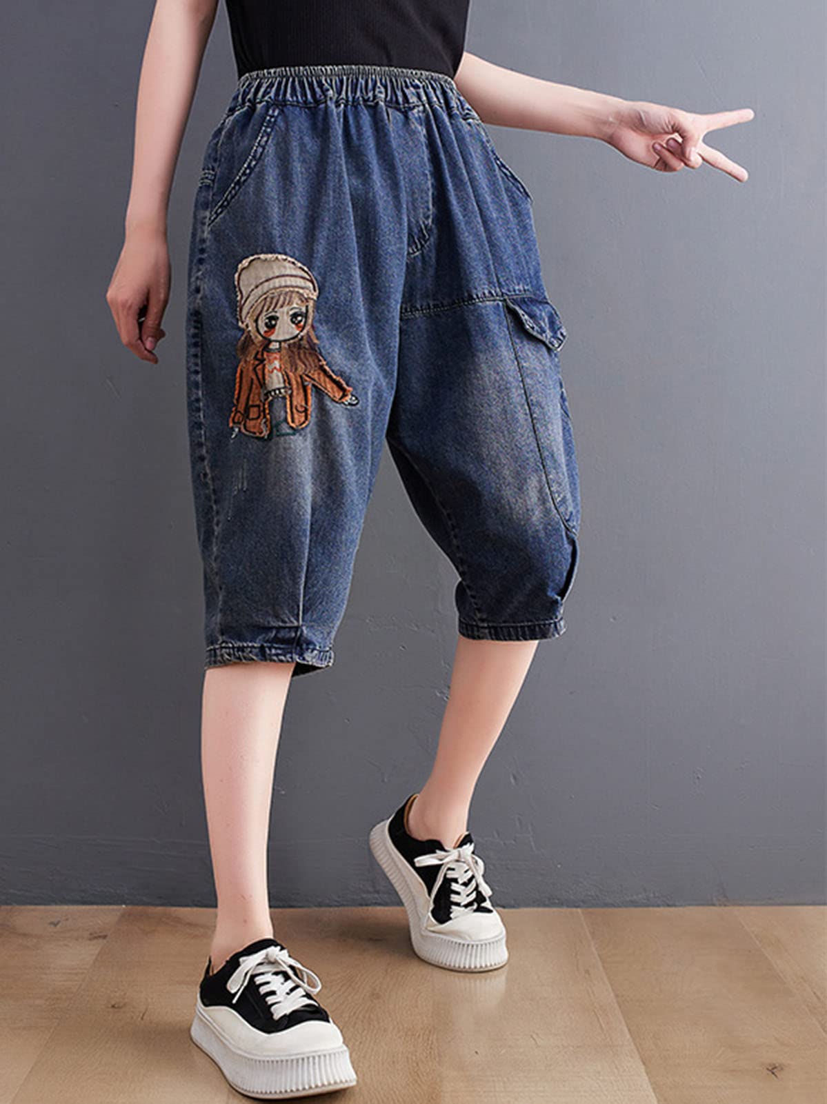 Women's Distressed Denim Shorts - Cotton Loose Fit High Waisted Elastic Waist Casual Jean Shorts | Perfect for Summer, Beach, Travel & Everyday Wear