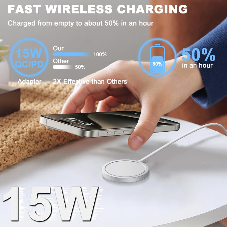 Yuexitech 2 Pack Fast Wireless Charger - Magnetic Phone Charger Compatible with iPhone 16/15/14/13/12 Series & AirPods 3/2/Pro/Pro 2 - White | Perfect for Home, Office & Travel Charging