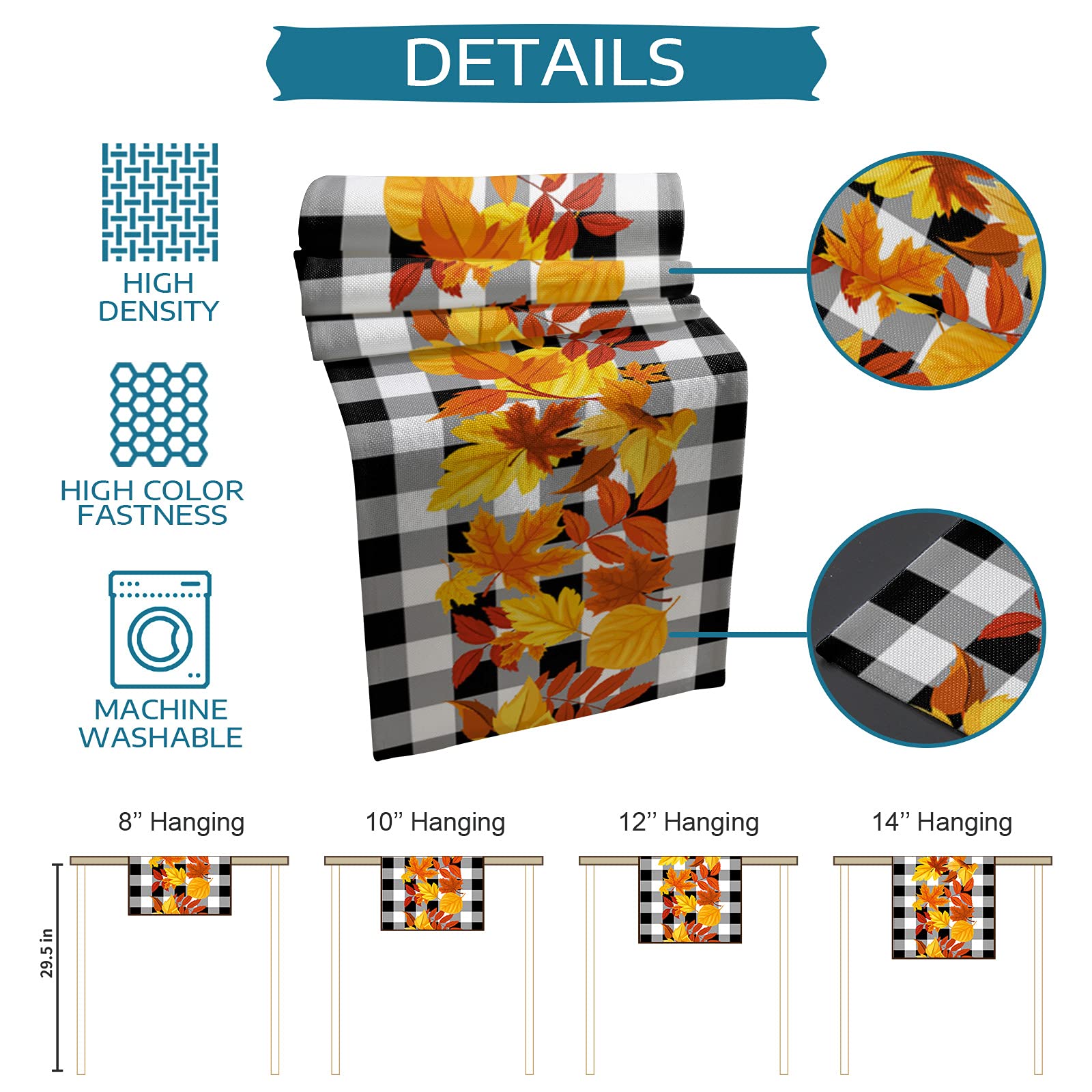 Autumn Fall Maple Leaves Table Runner - 108 Inches Long Black and White Plaid Tablecloth for Round, Kitchen, Coffee, Dining & End Tables - Perfect for Thanksgiving, Fall Decor & Cozy Living Room Dining