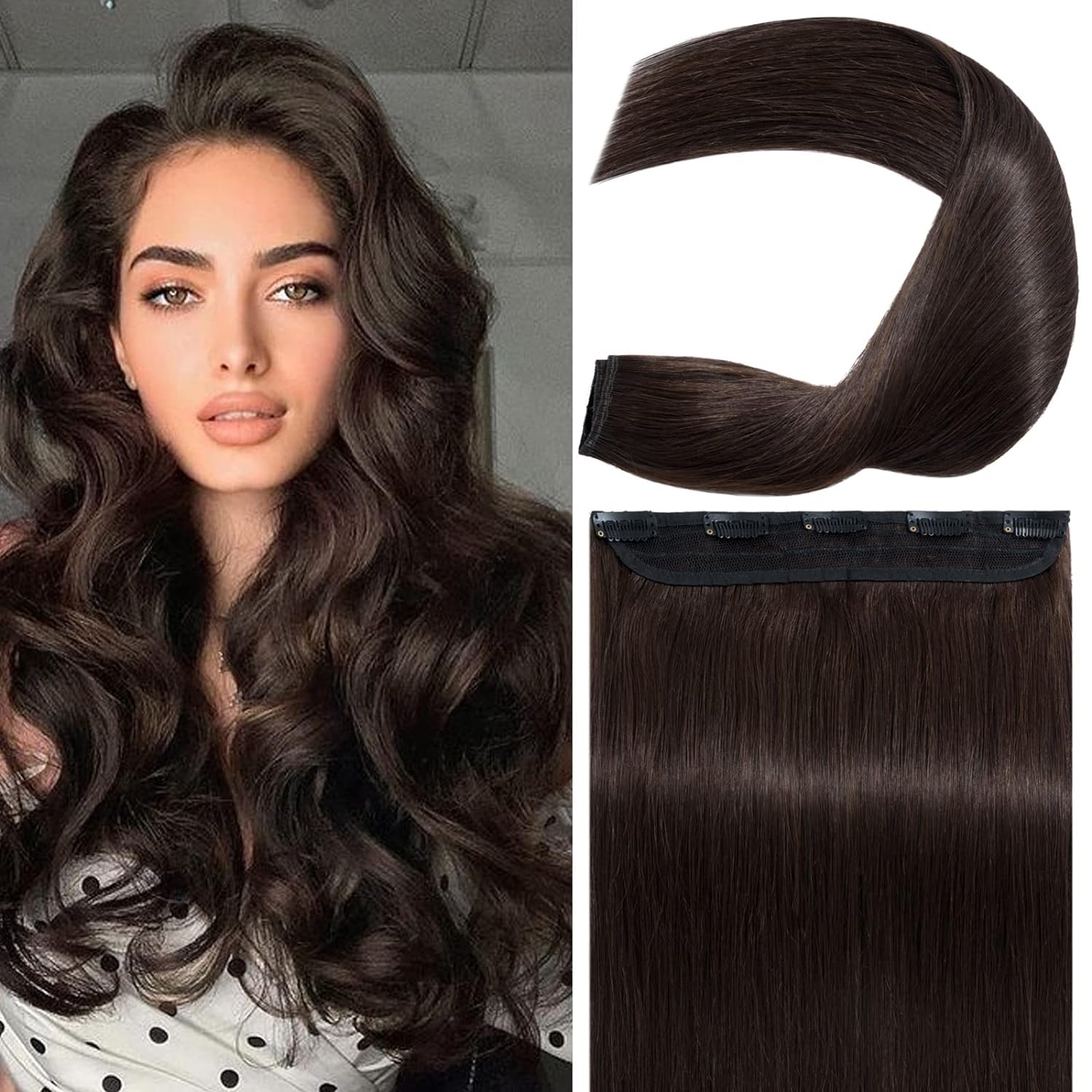 Majik Straight 24-Inch Dark Brown Human Hair Extensions with 5 Clips - 100g Natural Look & Feel for Women & Girls - Perfect for Daily Wear, Parties & Special Occasions
