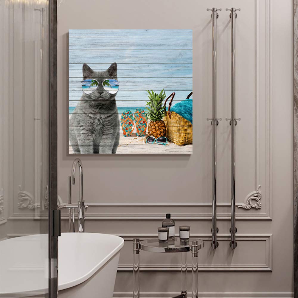 20x20in Square Canvas Wall Art - Beach Sea Life Cat with Sunglasses & Pineapple Oil Painting for Bedroom, Living Room Home Decor | Perfect for Coastal, Tropical & Modern Interior Design