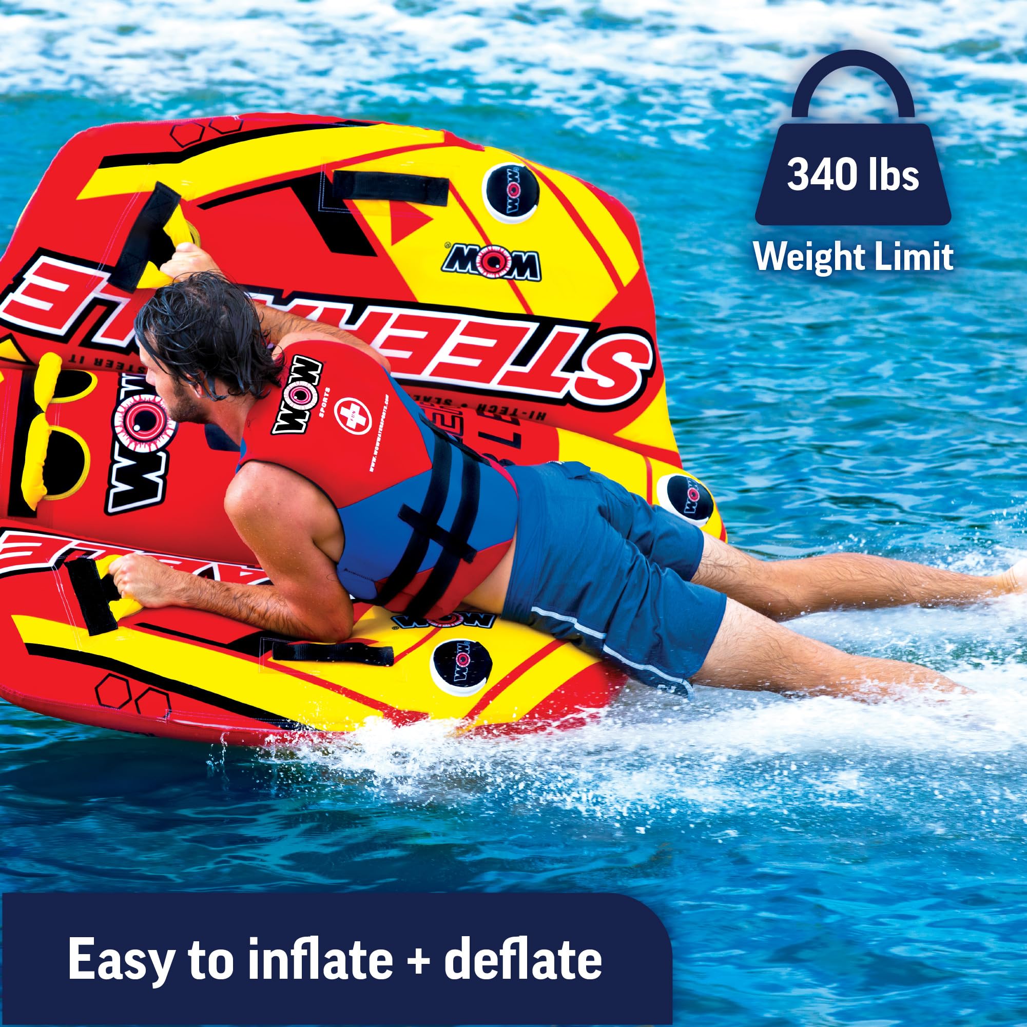 WOW Sports 1 or 2 Person Inflatable Steerable Tube for Boating - Take Control of the Ride (Model 19-1090) | Perfect for Family Fun, Water Sports & Lake Adventures