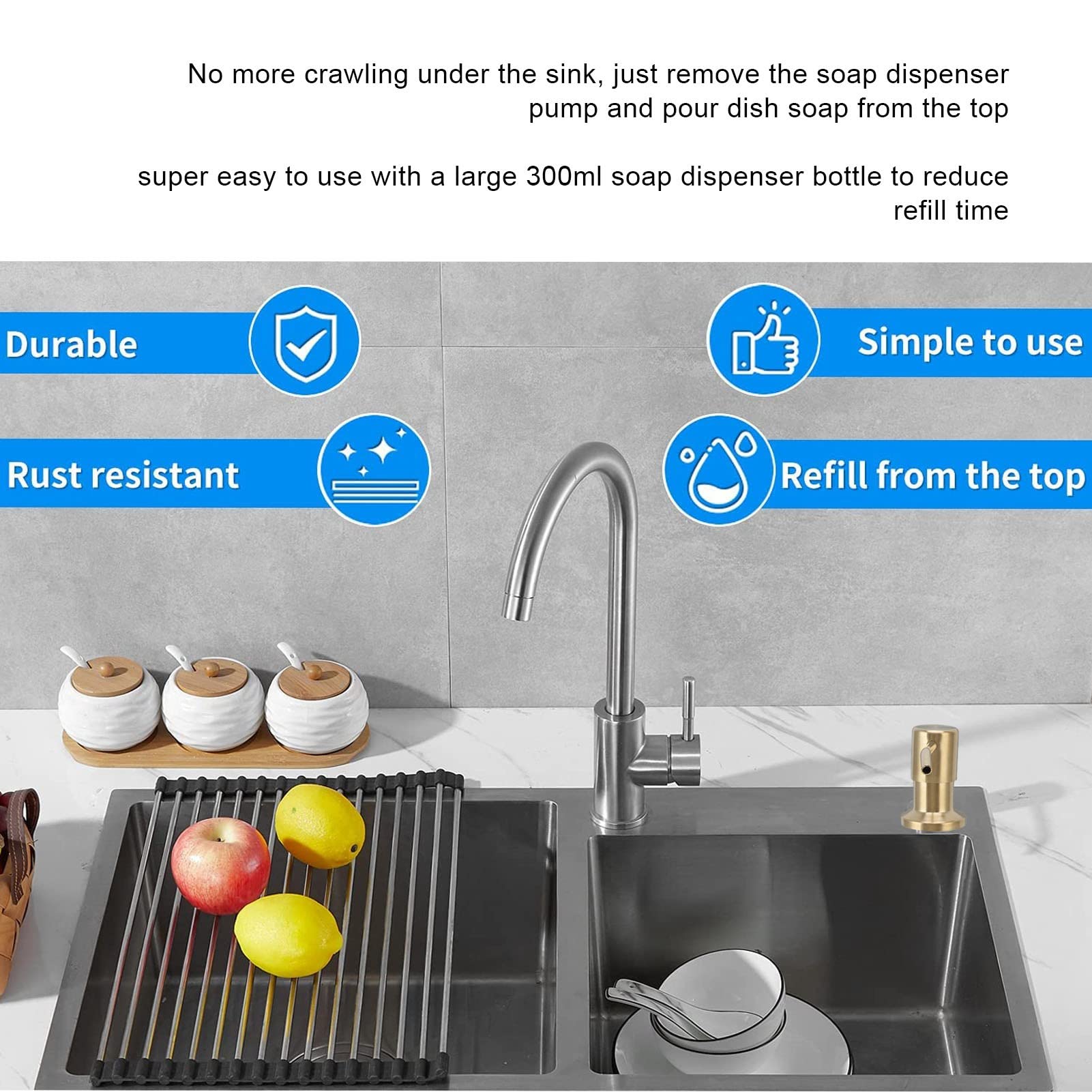 360° Rotating Stainless Steel Soap Dispenser for Kitchen Sink - 300ml Built-in Soap Pump with Durable Gold Finish | Perfect for Liquid Dish Soap, Hand Soap & Kitchen Cleaning Essentials