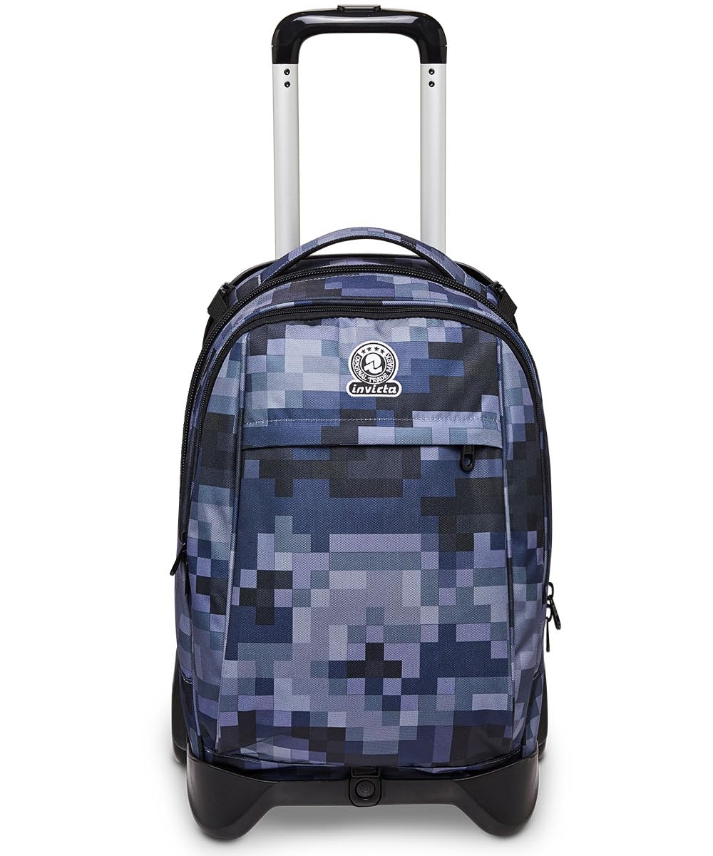 Invicta Detachable 3-in-1 School Backpack with Wheels - Blue Pixel Camo Design, Laptop Compartment - Convertible Trolley Backpack for Kids & Teens - Perfect for School, Travel & Daily Commute
