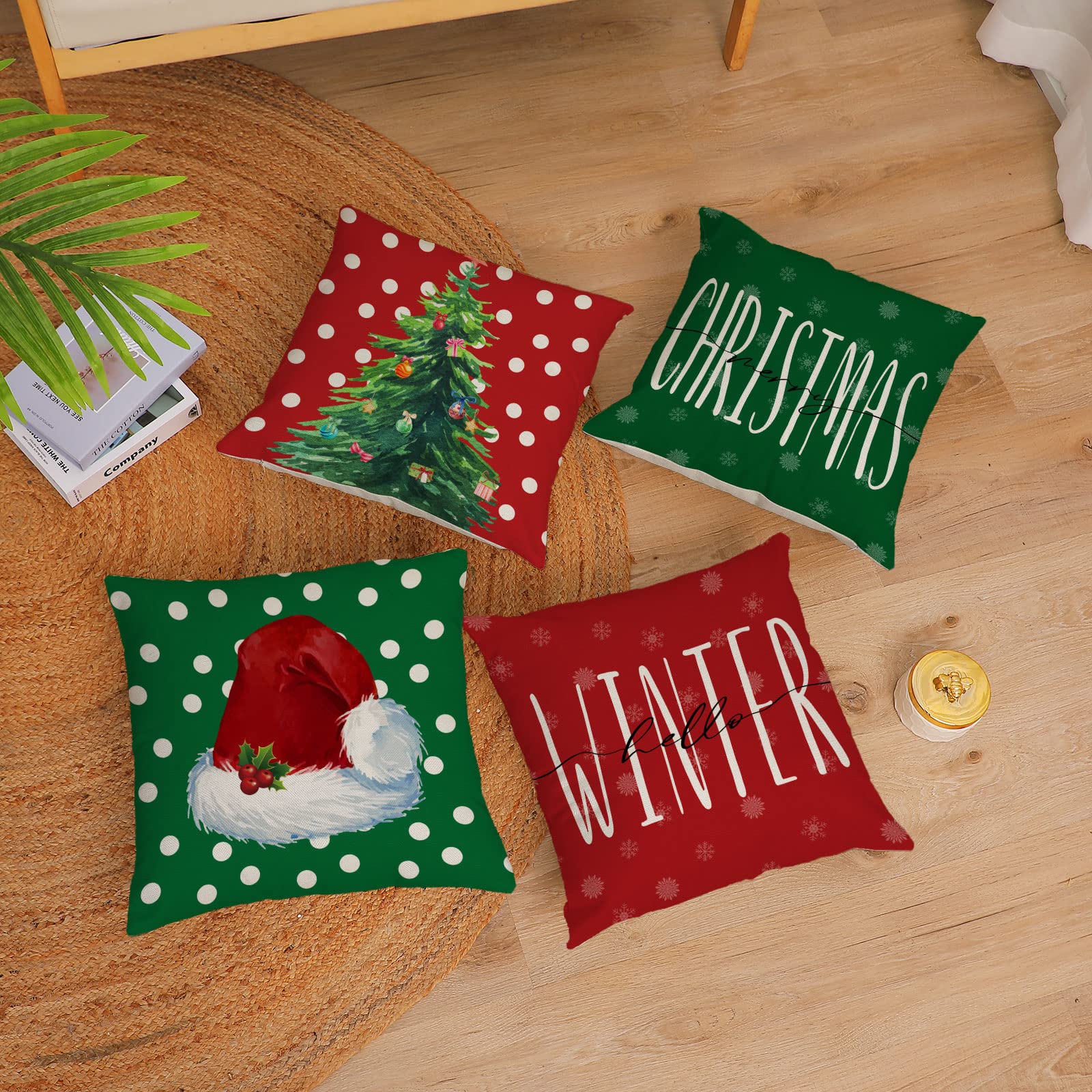 Festive Christmas Pillow Covers Set of 4 - 16x16 Inch Holiday Decorative Throw Pillow Cases with Christmas Tree, Deer & Santa Designs for Sofa, Couch, Bed - Perfect for Indoor & Outdoor Christmas Decorations (Red & Green)