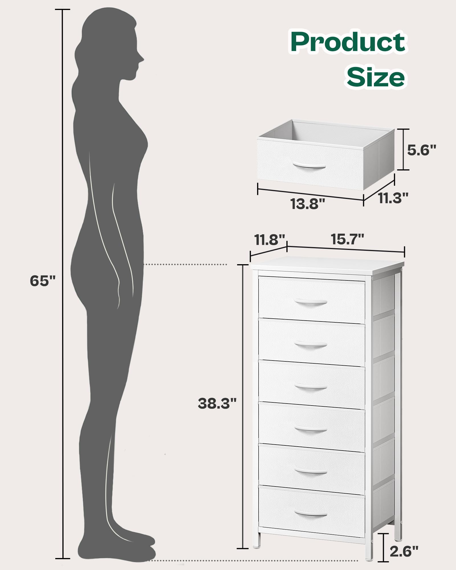 Huuger 6-Drawer Tall Dresser for Bedroom - White Fabric Storage Tower with Metal Frame & PU Leather Bins - Perfect for Closet Organization, Bedroom Storage, Nightstand or End Table - Space-Saving Dresser Chest for Small Spaces