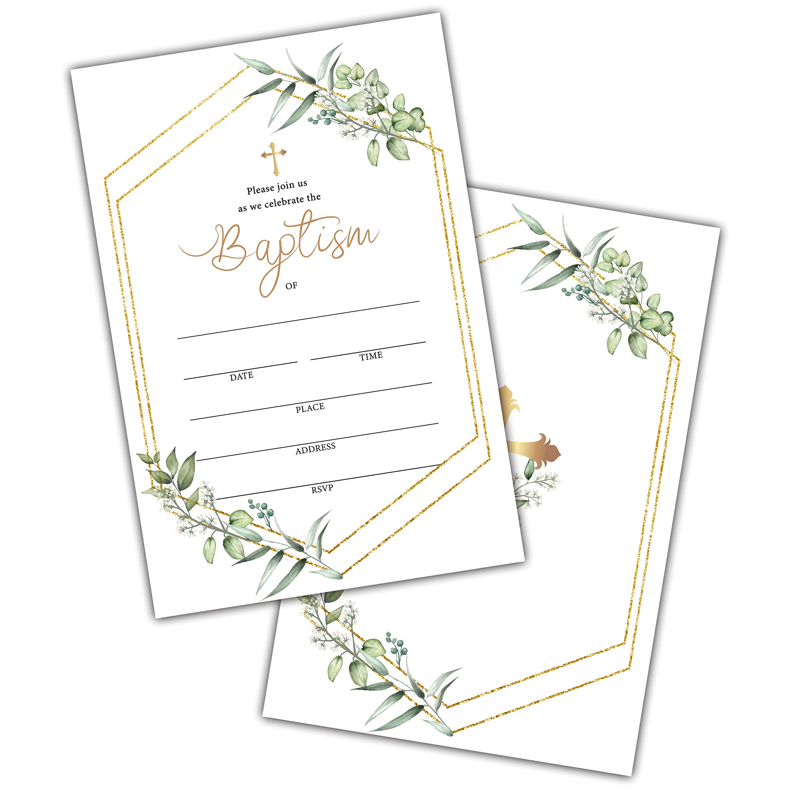 Elegant Watercolor Greenery Floral Baptism Invitation Cards with Envelopes - Set of 25 for Christening, Baby Dedication & Religious Celebrations - Perfect for Church Events, Baby Showers & Family Gatherings (A03)