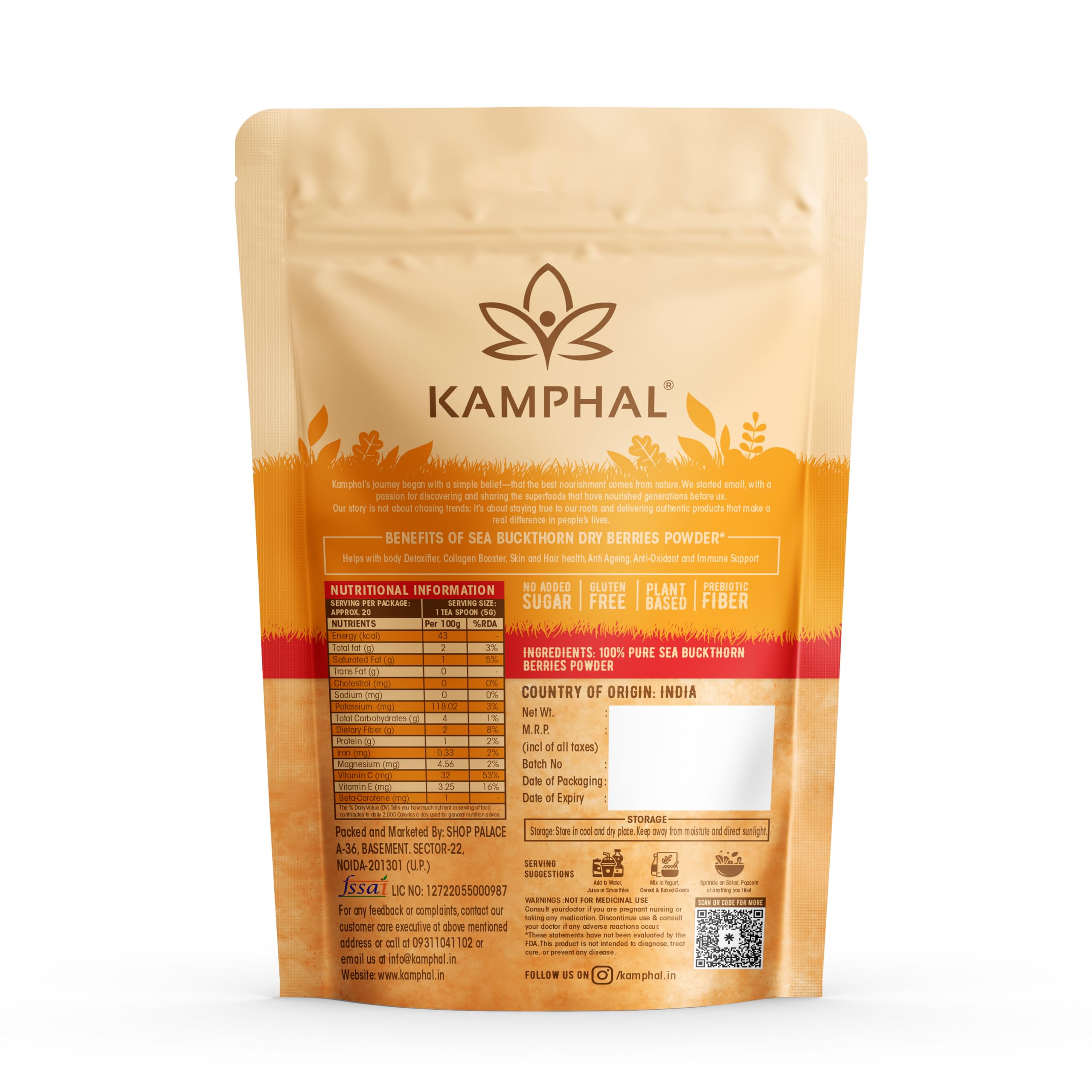 Kamphal Himalayan Sea Buckthorn Berry Powder 100g - 100% Pure Natural Superfood Rich in Omega 3 6 7 9, Collagen, Fiber & Vitamins C E | Supports Skin Health, Immunity & Overall Wellness | Perfect for Smoothies, Yogurt & Healthy Recipes