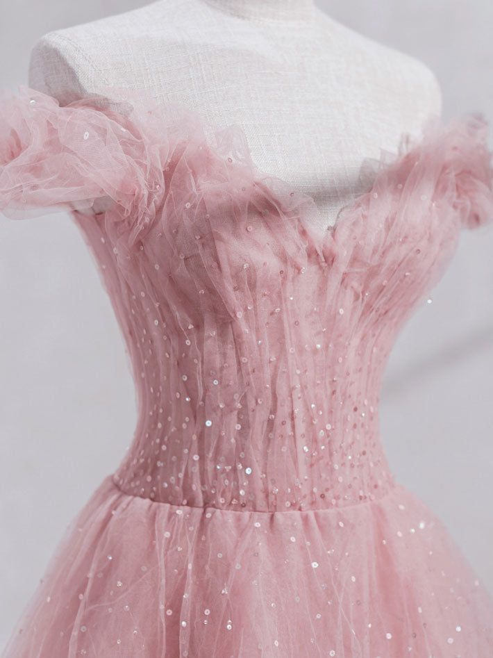 Elegant Pink Off-Shoulder Tulle Tea-Length Prom Dress for Women - Formal Evening Gown for Homecoming, Wedding Guest, or Special Occasions