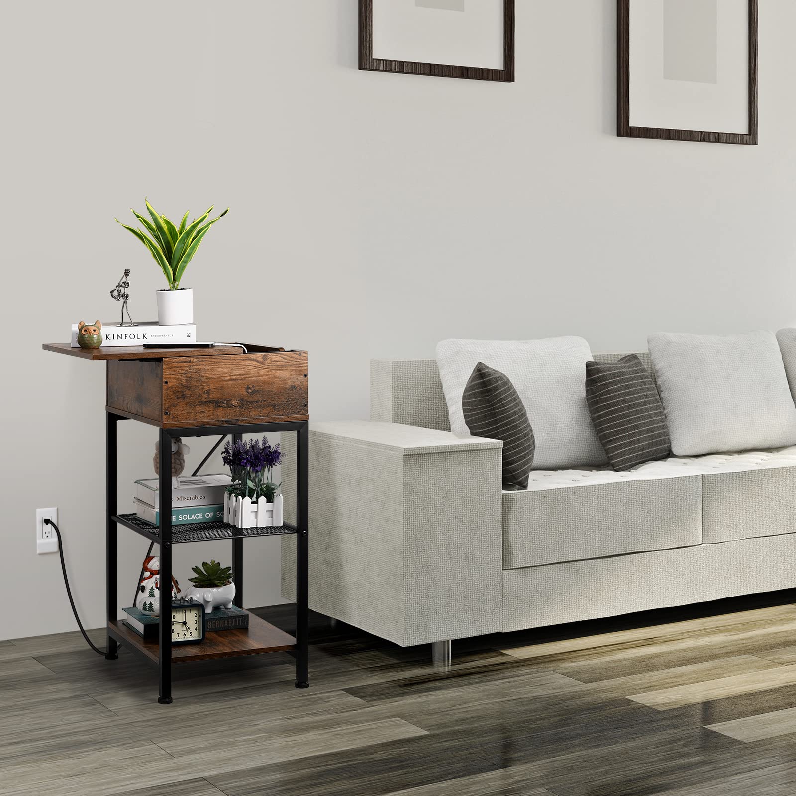 MOOACE Industrial Narrow Side Table with USB Charging Station, 2 Power Outlets & Storage Drawer - Rustic Brown Nightstand for Bedroom, Living Room | Perfect for Small Spaces, Phone Charging & Bedside Organization