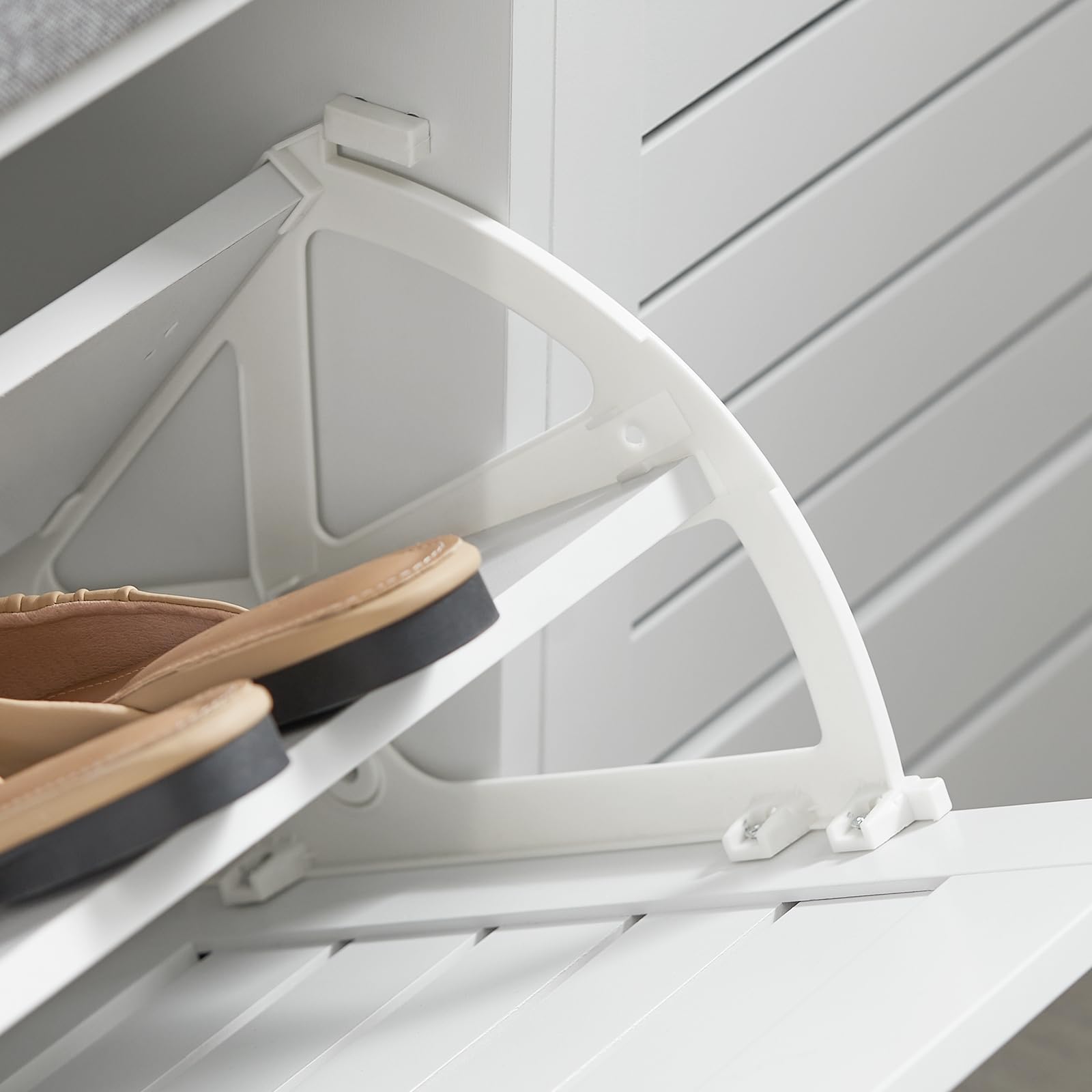 White Shoe Storage Bench with 2 Drawers & Padded Seat Cushion - Narrow Entryway Shoe Cabinet for Hallway, Mudroom & Window Seat - Perfect for Organizing Shoes, Hats & Seasonal Items by the Front Door