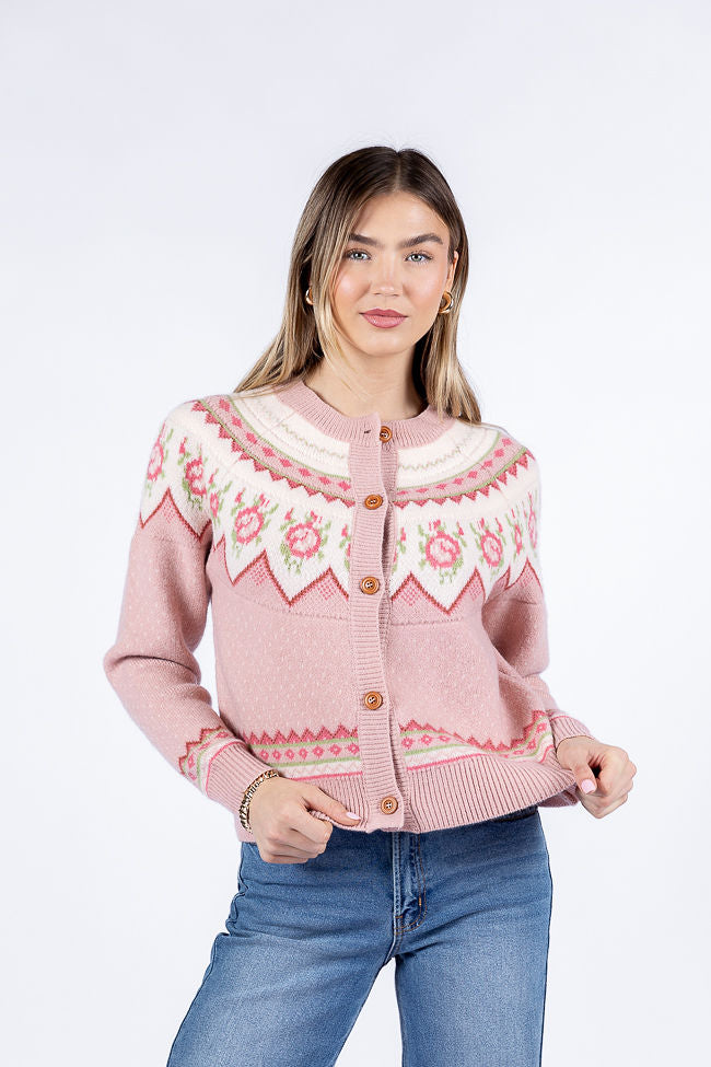 Sunny Meadow Pink Floral Fair Isle Cardigan Sweater for Women - Cozy Knit Pullover for Fall & Winter - Perfect for Christmas, Office Wear, and Casual Outfits