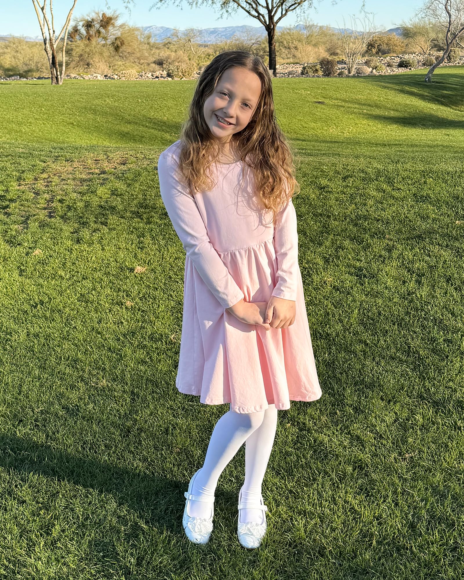 Stelle Long Sleeve Girls Cotton A-Line Dress - White Toddler Skater Twirl Dress for School, Casual & Easter | Perfect for Playdates, Parties & Special Occasions