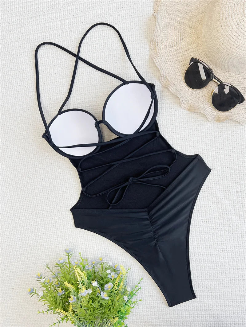 2025 Black One Piece Swimsuit for Women - Sexy Halter High Waist Monokini with Push Up & Backless Design | Perfect for Beach Vacations, Pool Parties & Summer Getaways