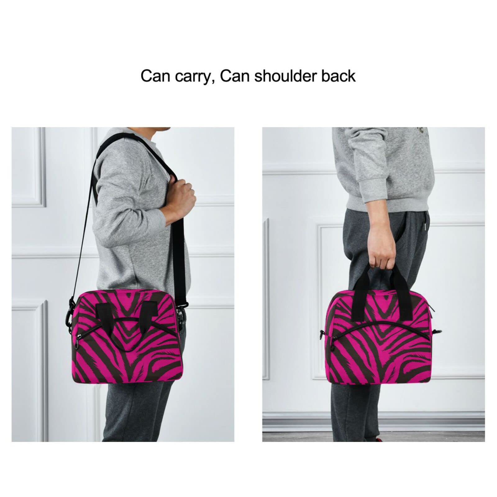 Pink Zebra Fur Print Insulated Reusable Lunch Bag for Women - Adjustable Shoulder Strap Tote Cooler Box | Perfect for Work, School, Picnics & Outdoor Activities