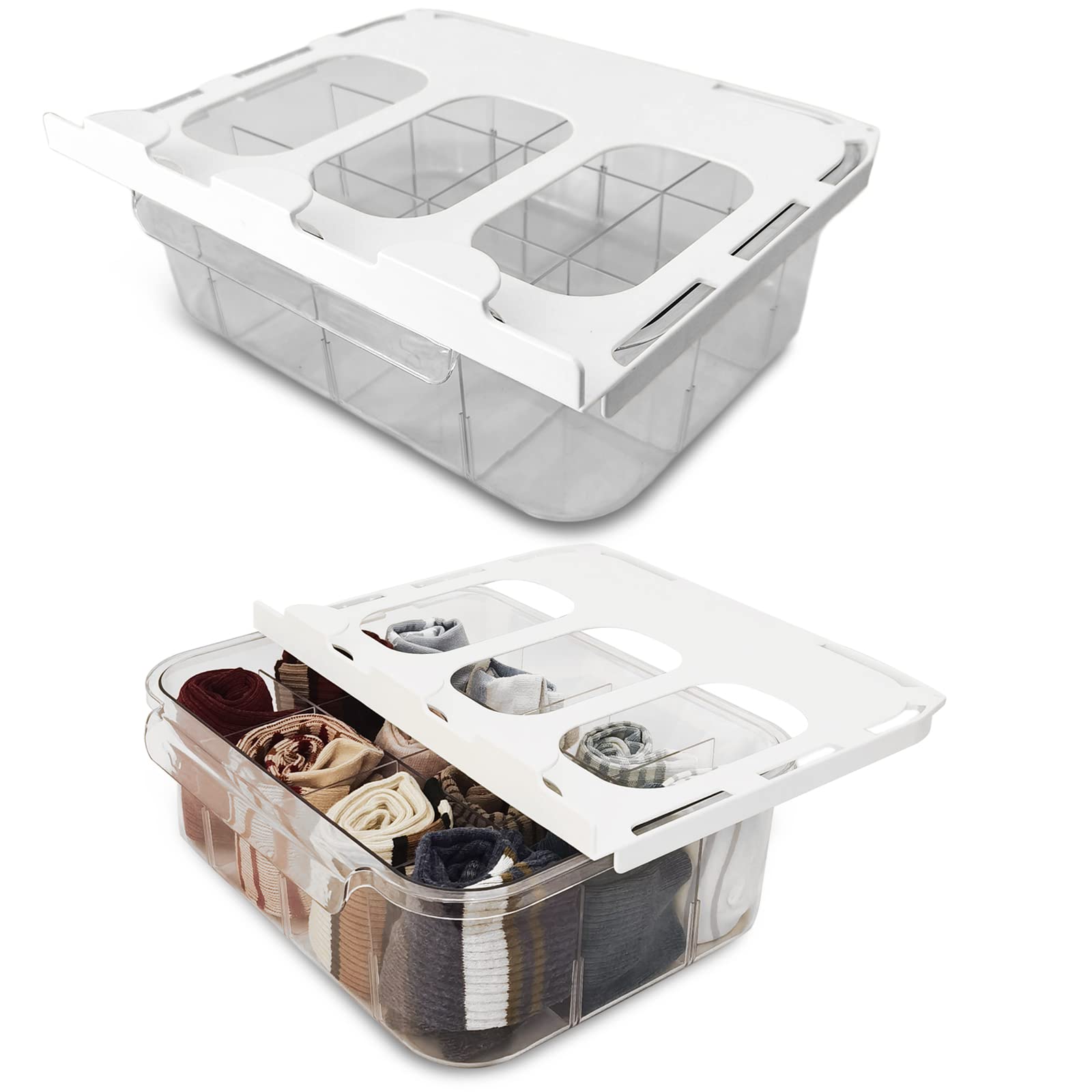 Large Hidden Drawer Pull Out 2 Pack - Wellhong Adhesive Desk Organizer & 12-Cell Clear Acrylic Wardrobe Hanging Organizer for Socks, Underwear | Space-Saving Storage Solution for Bedroom, Closet & Office Organization