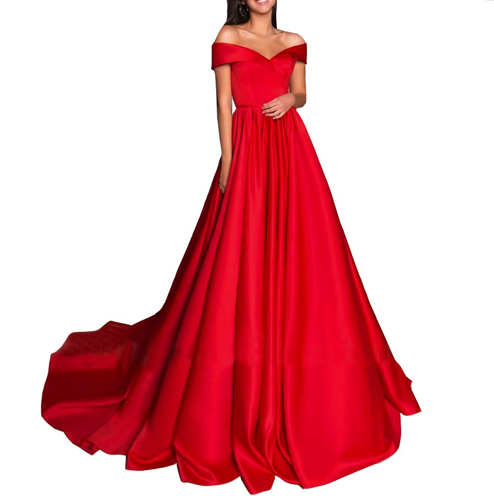 Emanni Women's Red Off-The-Shoulder Long Evening Dress with High Slit - Elegant Formal Gown for Prom, Wedding Guest & Black Tie Events