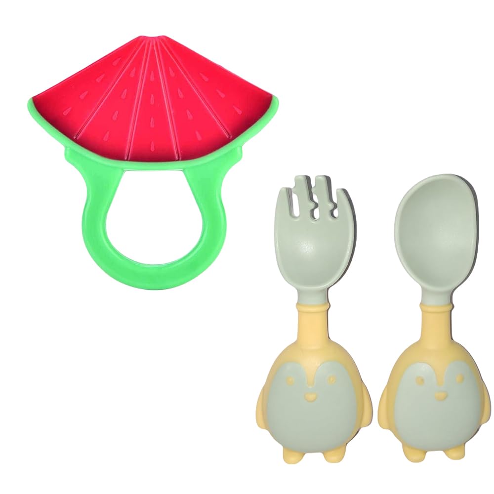Kritiu Fruits Teether & Spoons Set | BPA-Free Silicone Baby Feeding Utensils | Soft & Safe for 6+ Months | Red Watermelon & Olive Green | Perfect for Baby-Led Weaning, Puree Feeding & Teething Relief