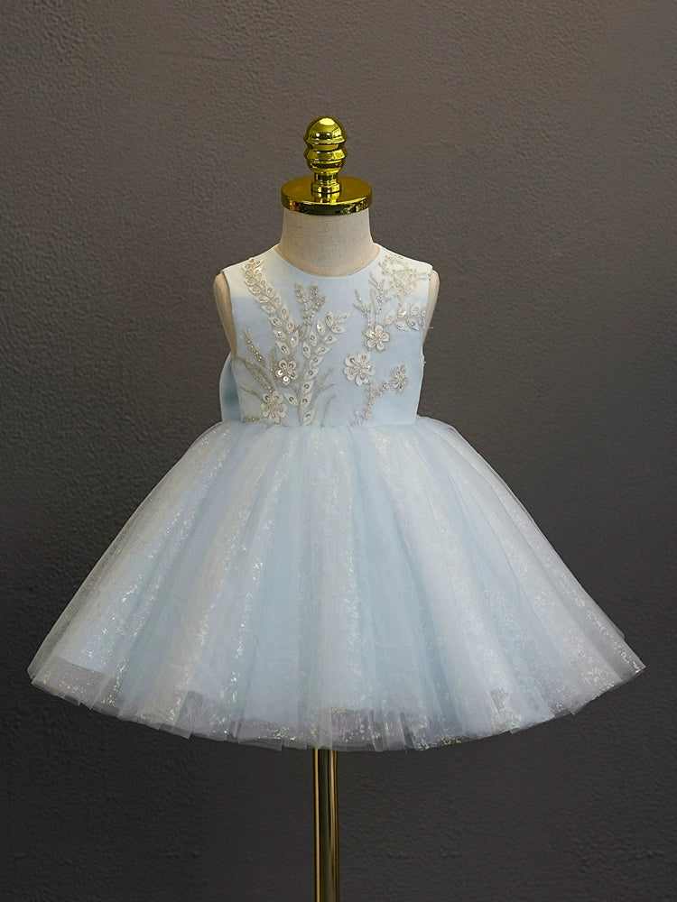 Elegant A-Line Round Neck Tea-Length Tulle Flower Girl Dress in Blue - Perfect for Weddings, Parties & Special Occasions