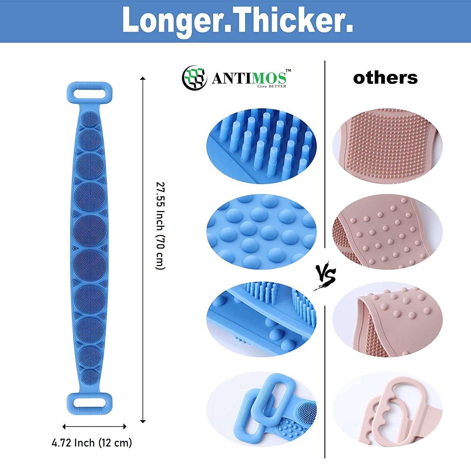 ANTIMOS Silicone Body Scrubber - Exfoliating Bath Brush Belt for Deep Cleansing & Dead Skin Removal | Washable Shower Scrubber for Men, Women & Kids | Perfect for Spa, Shower & Daily Skincare Routine (Multi-Color)