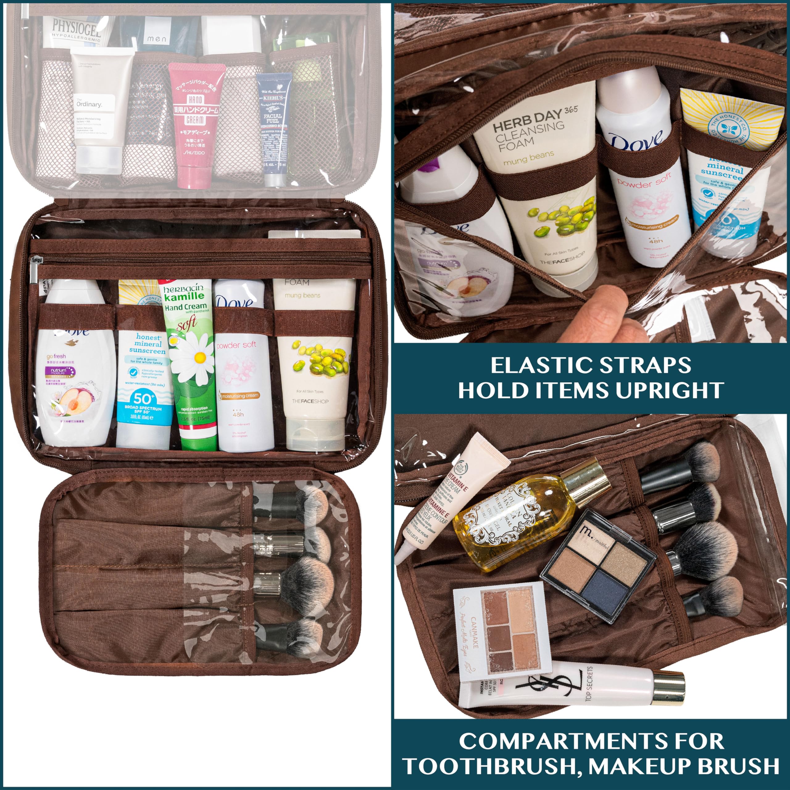 PAVILIA Hanging Toiletry Bag for Women & Men - Foldable Waterproof Cosmetic Organizer Travel Bag - Large Makeup & Toiletries Essentials Kit (Dark Brown) - Perfect for Camping, Gym, Business Trips & Vacation