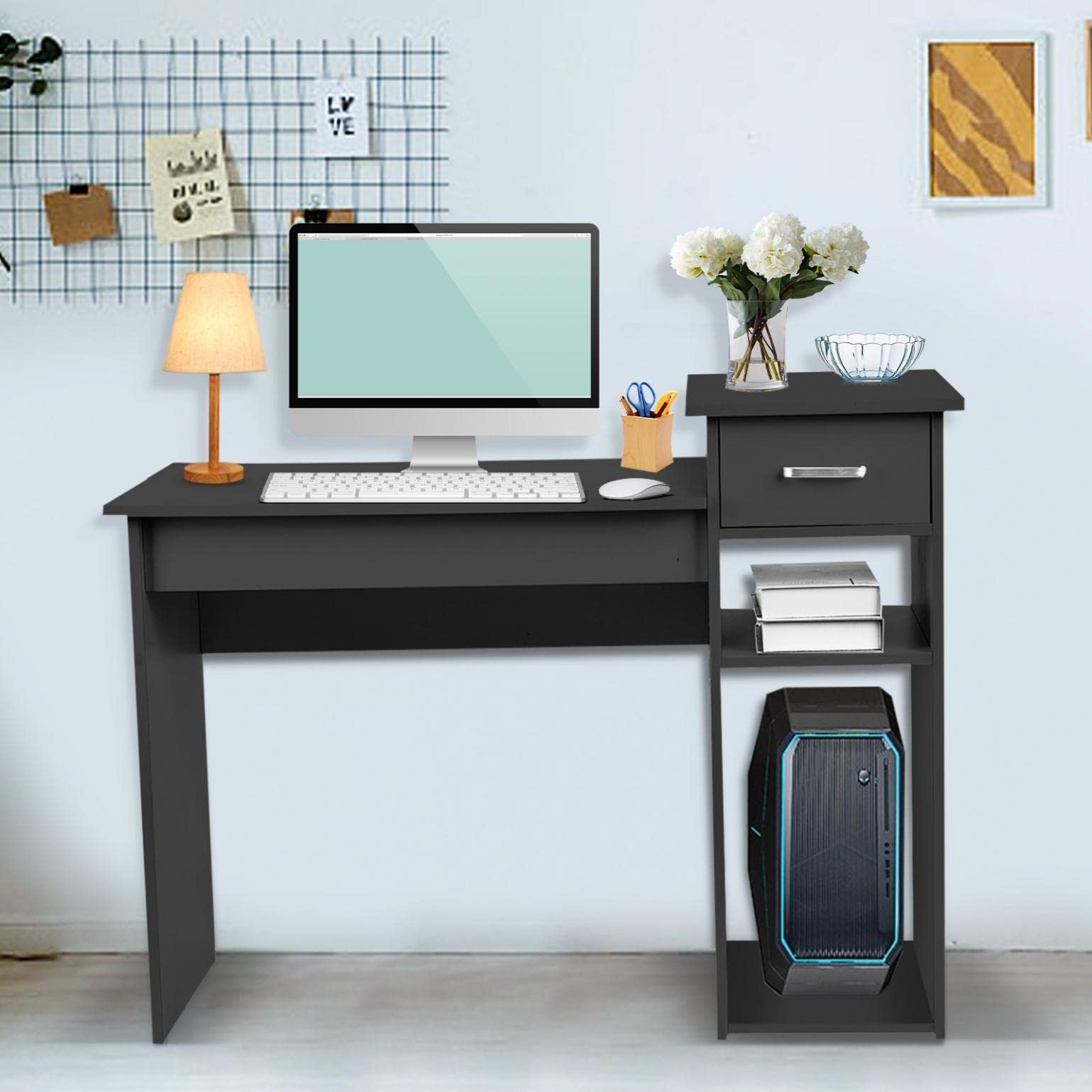 Feterr Black Kids Study Desk with Storage Shelves - Compact Computer Desk for Bedroom, Gaming, and Makeup Vanity - Perfect for Small Spaces, Laptops, and Monitors | Ideal for Homework, Online Classes, and Home Office Setup