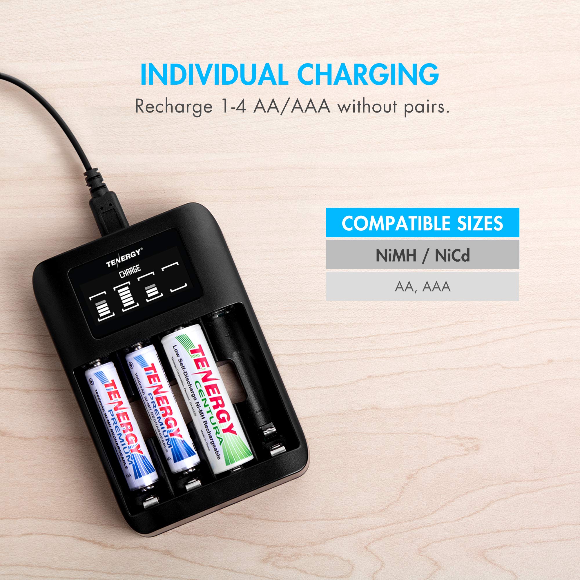 Tenergy TN474U 4-Bay LCD NiMH/NiCD Battery Charger with USB Input - Fast Charging for AA/AAA Rechargeable Batteries - Perfect for Cameras, Game Controllers & Electronics
