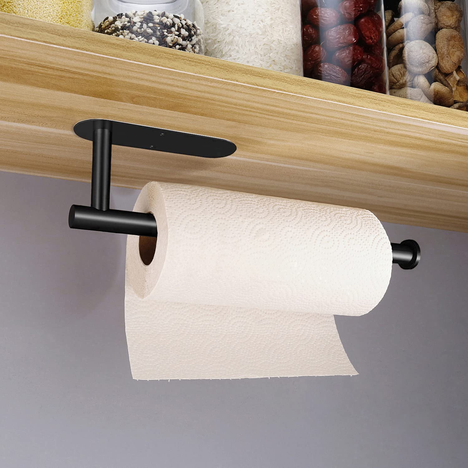 Gewtur Under Cabinet Kitchen Roll Paper Holder - Matte Black Stainless Steel Wall Mounted Towel Dispenser with Self Adhesive for RV, Pantry, Bathroom | Space-Saving Solution for Compact Kitchens, Campers & Small Spaces