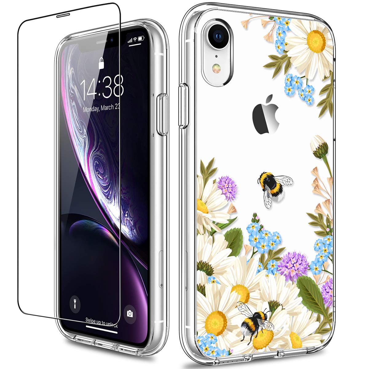 GiiKa iPhone XR Case with Screen Protector - Clear Floral Design Shockproof Hard PC Back & Slim TPU Bumper Cover for Women Girls - Perfect for Everyday Protection & Style (White Flowers)