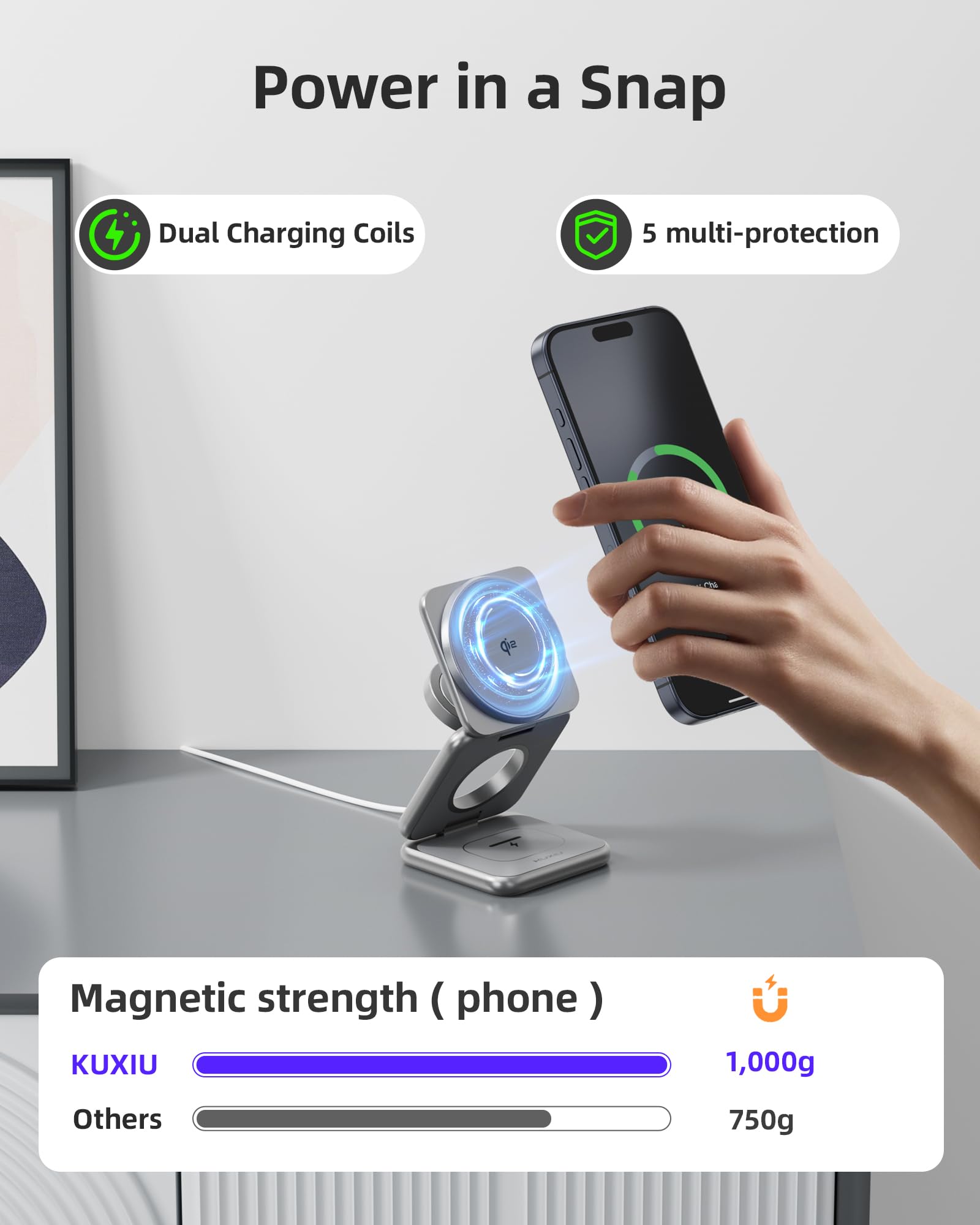 Foldable 3-in-1 Magnetic Wireless Charging Station - Qi2 Certified 15W Fast Charger for iPhone 16/15/14, 5W for Apple Watch & AirPods - Includes 45W PD Adapter - Aluminum Alloy Travel Charger (Gray) | Perfect for Home, Office & Travel Use