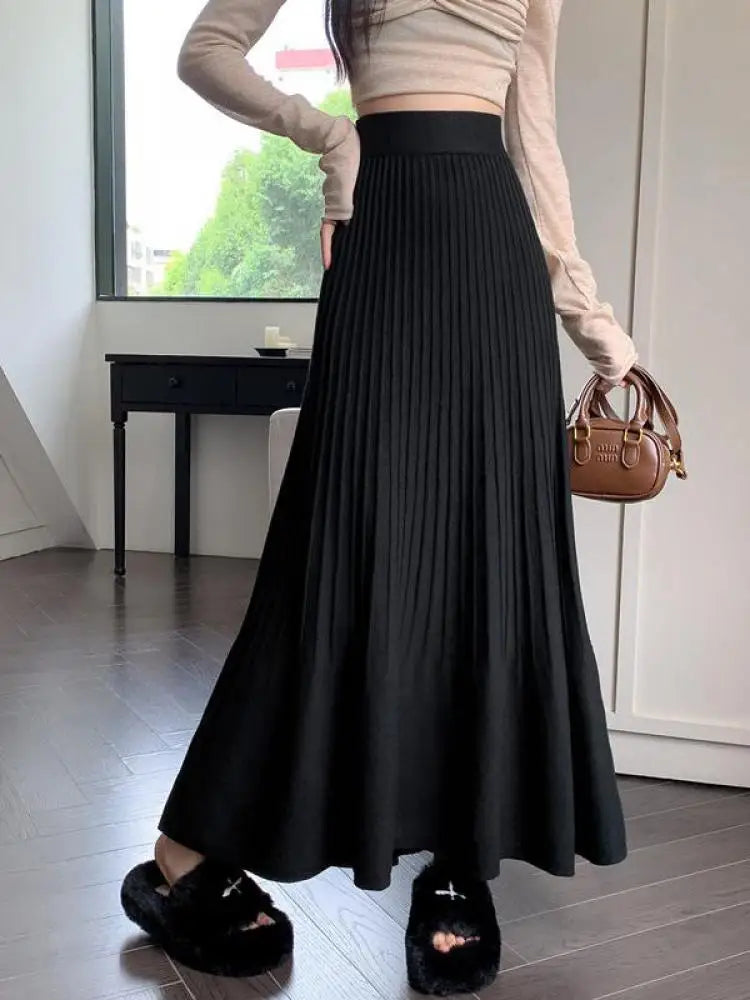 Women's Black High Waist Elastic Skirt - Korean Retro Style A-Line Pleated Long Skirt for Autumn Winter | Elegant Beige Color for Vacation, Party & Office Wear