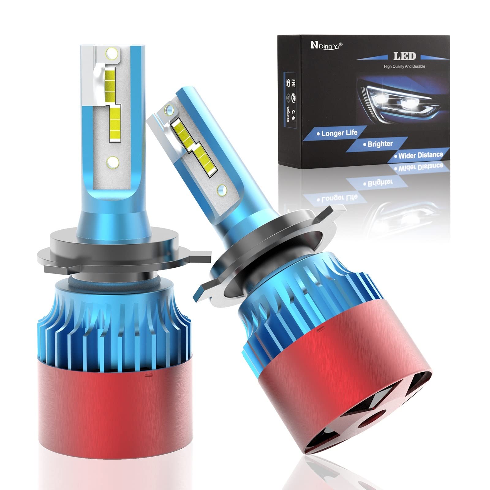 NDINGYI LED H4 HB2 9003 Headlight Bulbs - 48W 6000K 15000LM High/Low Beam Combo, IP68 Waterproof, 400% Brighter Replacement, Plug and Play (2 Pack) - Perfect for Night Driving, Off-Roading & Foggy Conditions