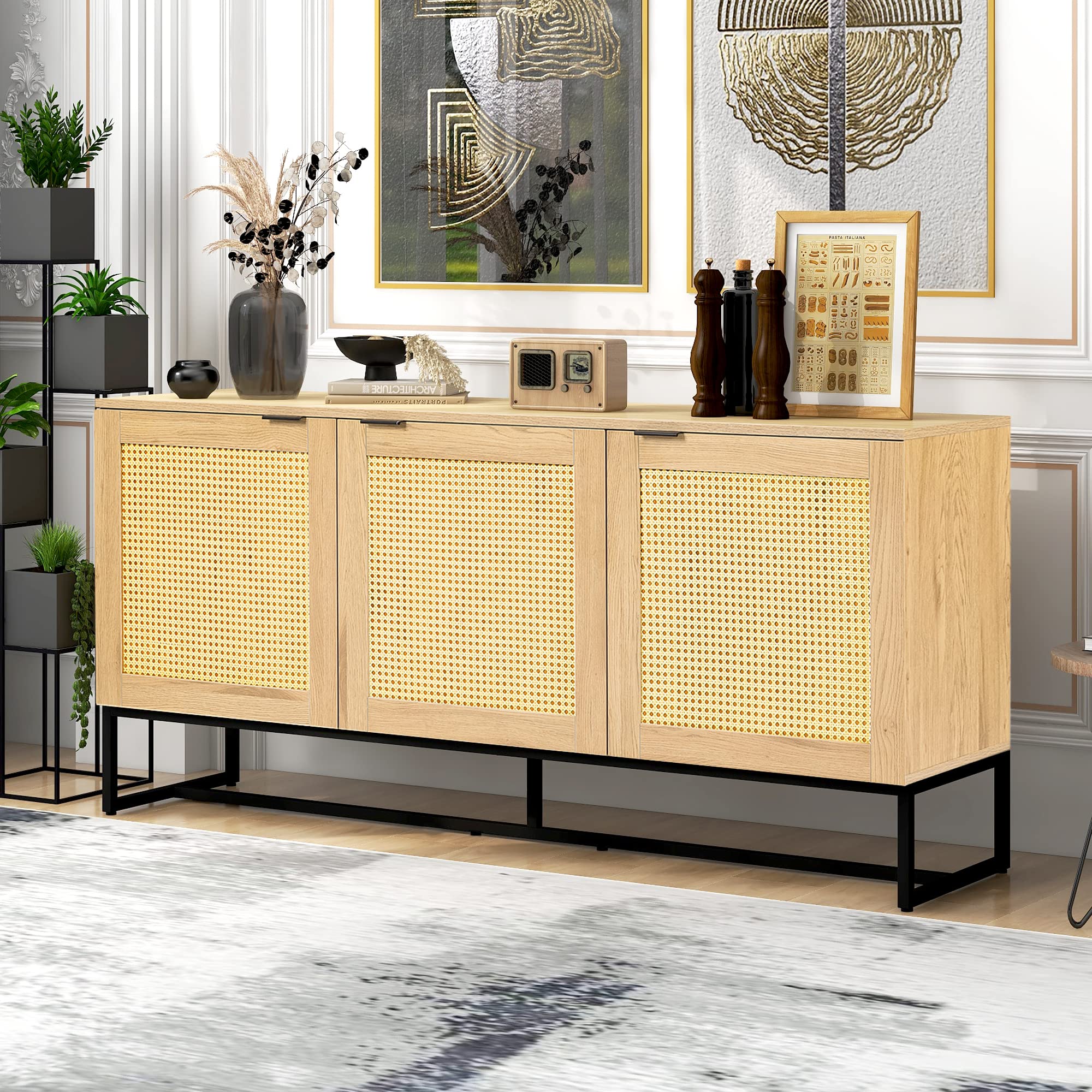 Modern Wicker Console Table with 3 Doors - Iron Support & Wood Grain Surface - 63