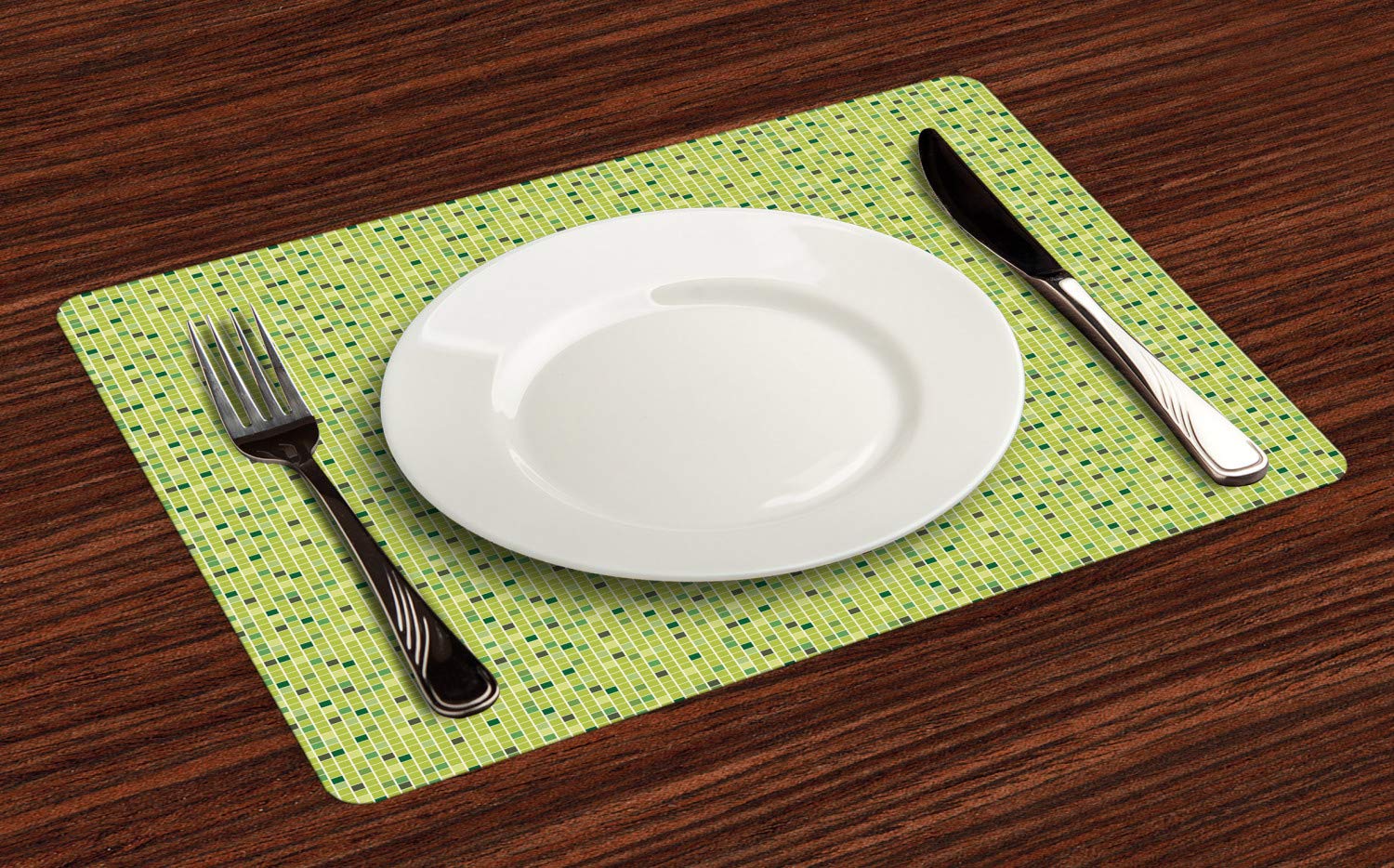Lunarable Hunter Green Place Mats Set of 4 - Geometric Mosaic Pattern Tiny Square Tiles Design - Washable Fabric Dining Table Mats - Standard Size (Apple Green & Olive Green) - Perfect for Dinner Parties, Holiday Gatherings & Everyday Meals
