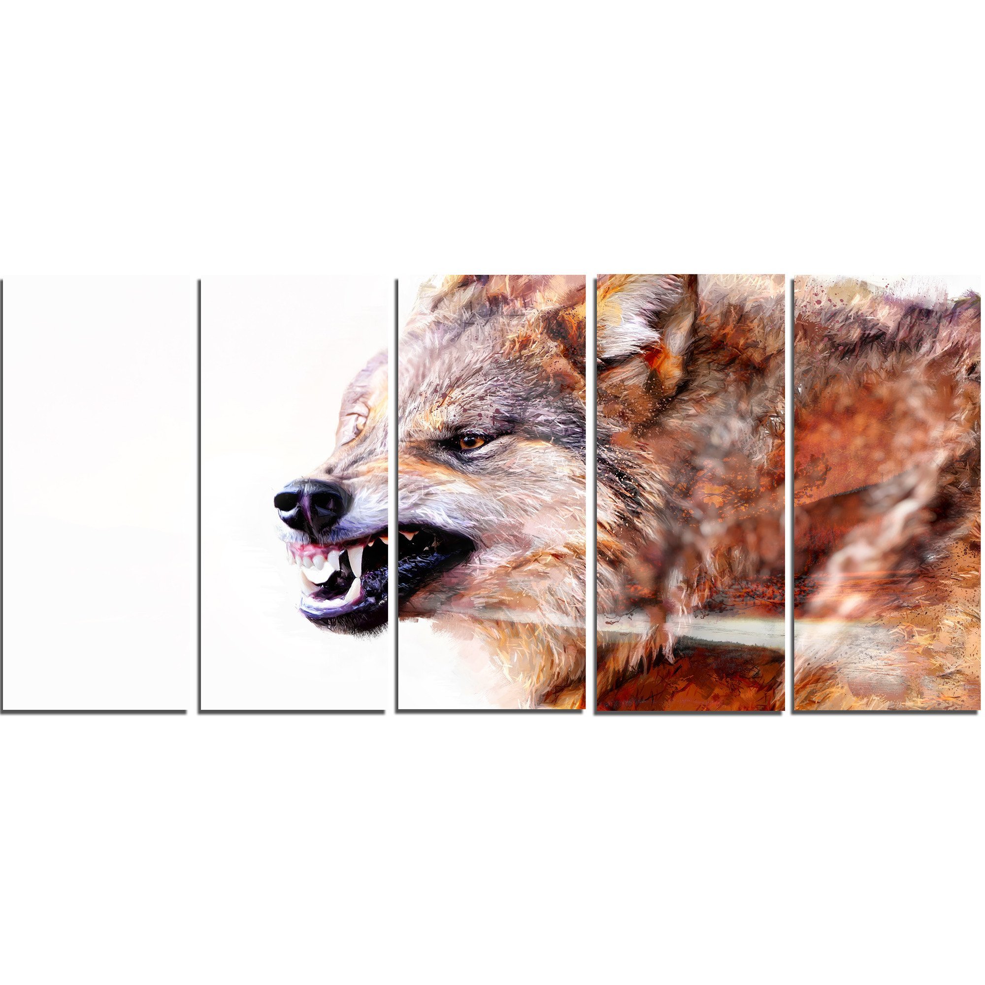 Designart Snarling Wolf Metal Wall Art Decor - 5 Panel Animal Artwork (28'' H x 60'' W x 1'' D) - Modern Home & Office Wall Decor for Living Room, Bedroom, or Cabin - MT2350